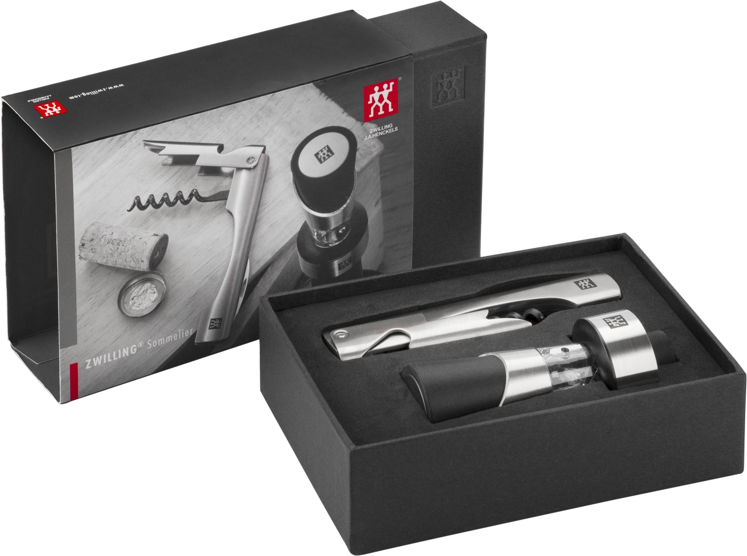 Elegantes 2-teiliges Sommelier-Set von Zwilling Kitchen, ideal für Weinenthusiasten, inklusive Korkenzieher und Tropfenfänger.