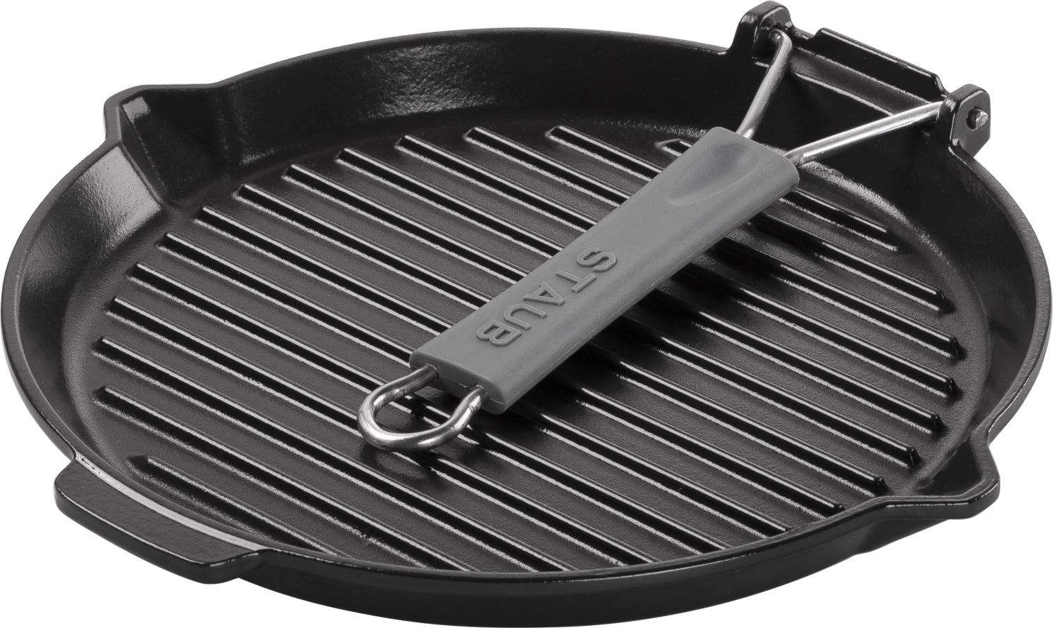 Runde Grillpfanne aus hochwertigem Gusseisen von Staub, perfekt für saftige Grillgerichte und gleichmäßiges Braten, mit stilvollem Design.
