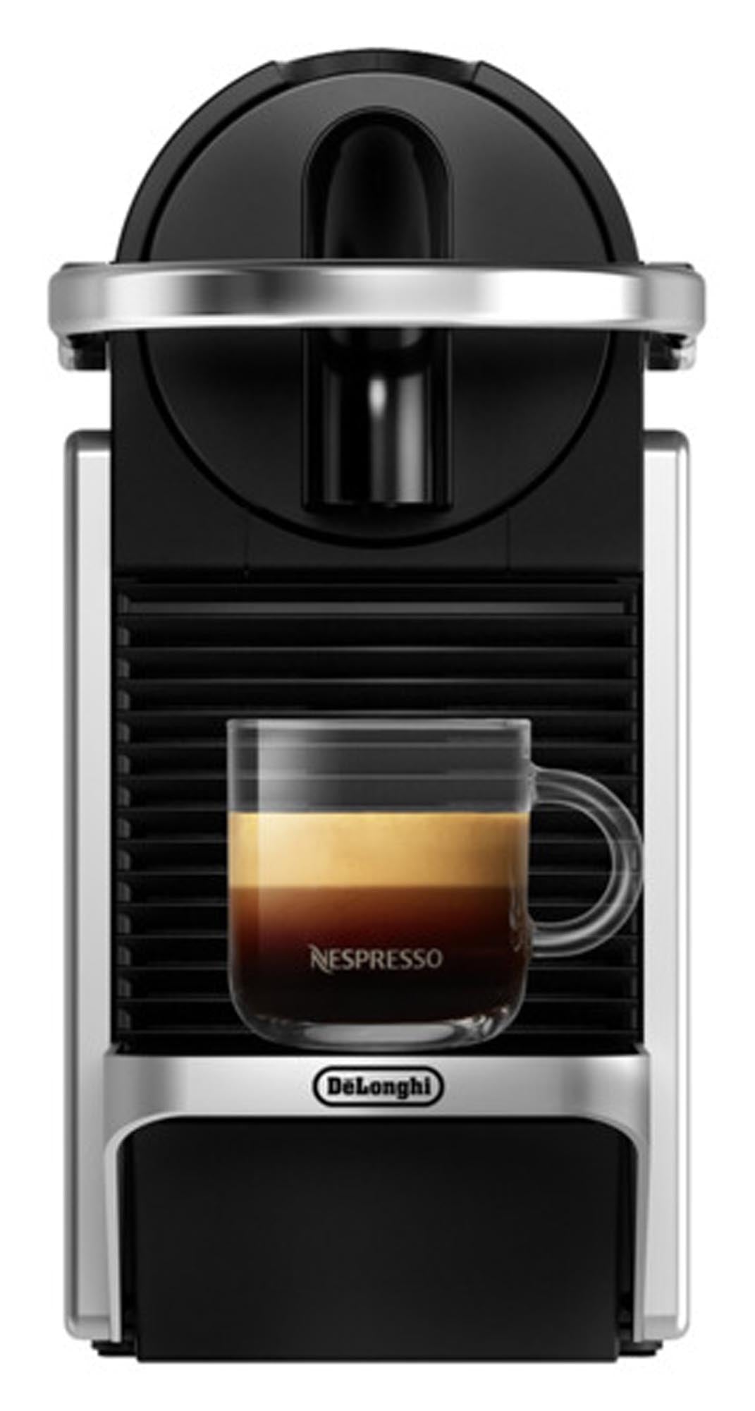 Elegante DELONGHI Nespresso Pixie Kaffeemaschine in Silber – perfekt für schnellen, aromatischen Kaffee mit stilvollem, kompaktem Design.
