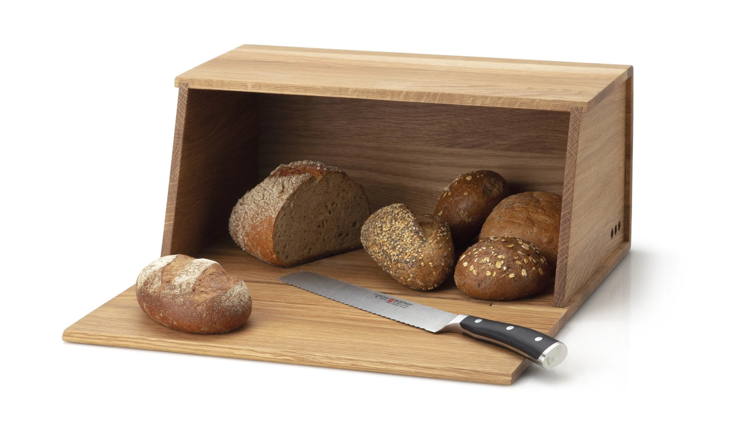 Hochwertiger Brotkasten aus Eichenholz, perfekt für die frische Aufbewahrung von Brot und Backwaren. Maße: 40x26x18.5cm, ein elegantes Küchenaccessoire.