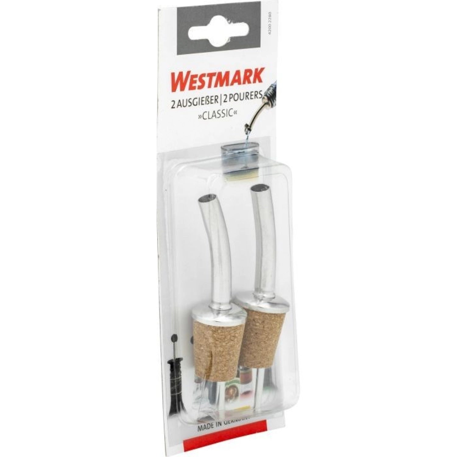Zwei elegante Flaschenausgießer N-Kork von Westmark, perfekt für präzises Dosieren von Flüssigkeiten ohne Tropfen und Verschütten.