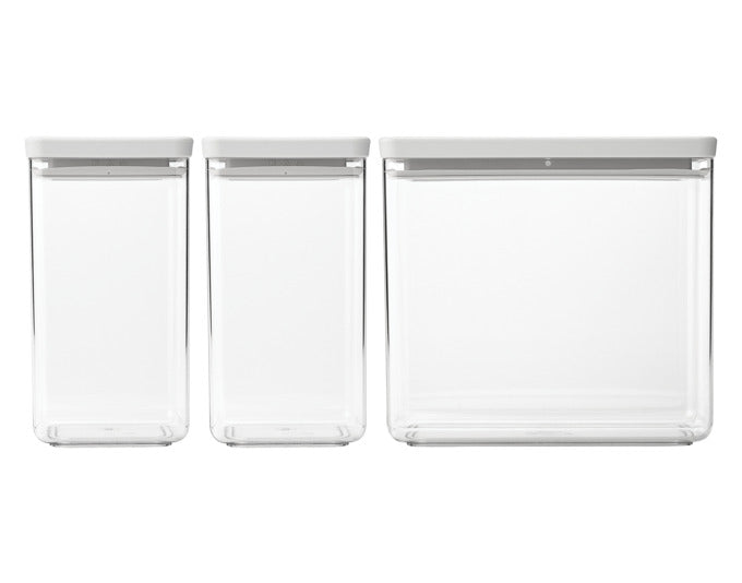 Praktisches 3-teiliges Vorratsdosen Set Tasty+ von BRABANTIA in hellem Grau. Ideal für die Aufbewahrung von Lebensmitteln, stapelbar und BPA-frei.