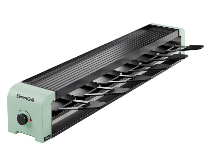 Stylischer STÖCKLI Raclettegrill CheeseGrill 6 in mintgrün, perfekt für gesellige Abende mit Freunden und Familie. Kompakte Maße: 74.6x11.6x11.8 cm.
