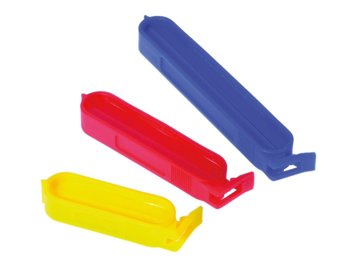 Praktisches Set mit 10 Beutelclips in drei Größen: 2 blaue, 6 rote und 2 grüne Clips, ideal zum Verschließen von Tüten und Beuteln.