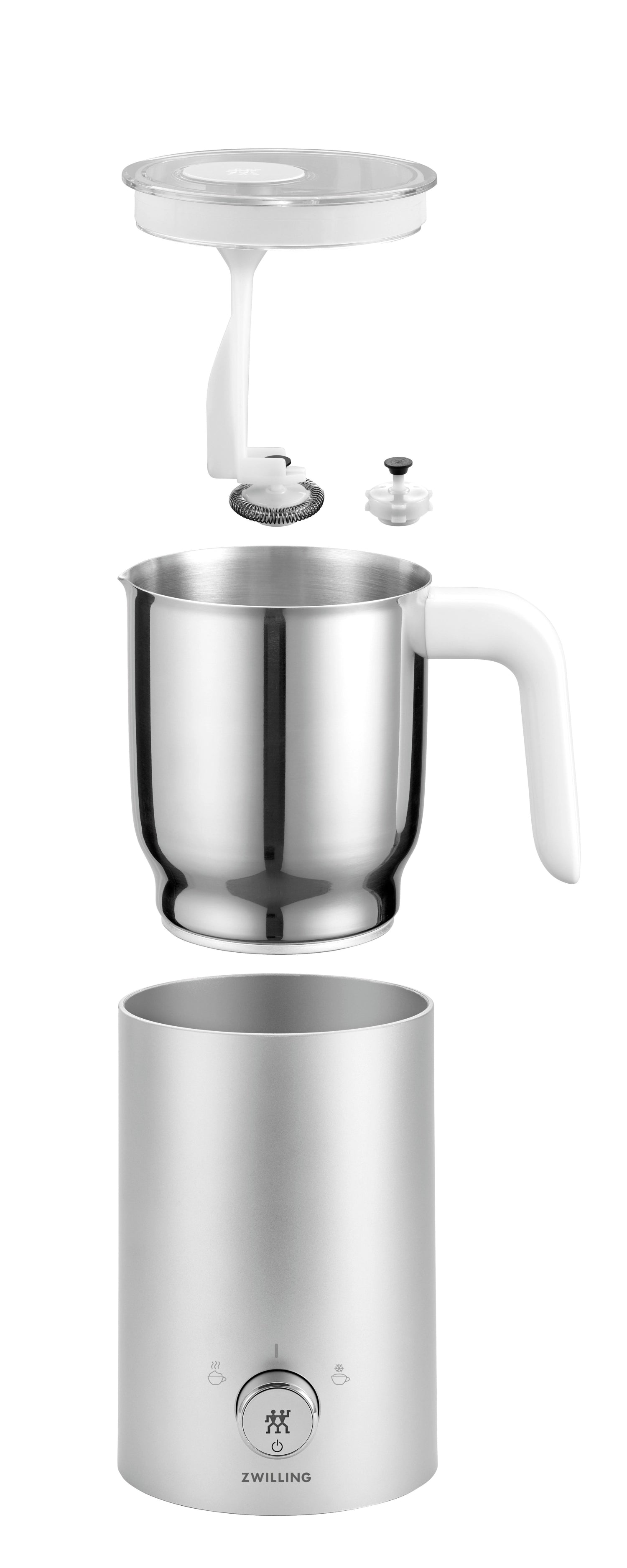 Stylischer Milchaufschäumer in Silber von Zwilling Kitchen mit 400ml Fassungsvermögen – ideal für die Zubereitung von feinem Milchschaum.