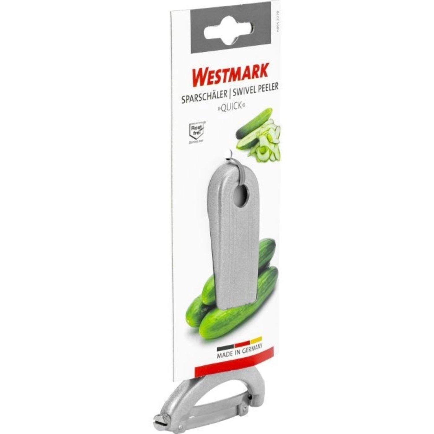 Effizienter Schäler für Gemüse und Spargel von Westmark, mit ergonomischem Griff und austauschbarer Klinge für müheloses Schälen.