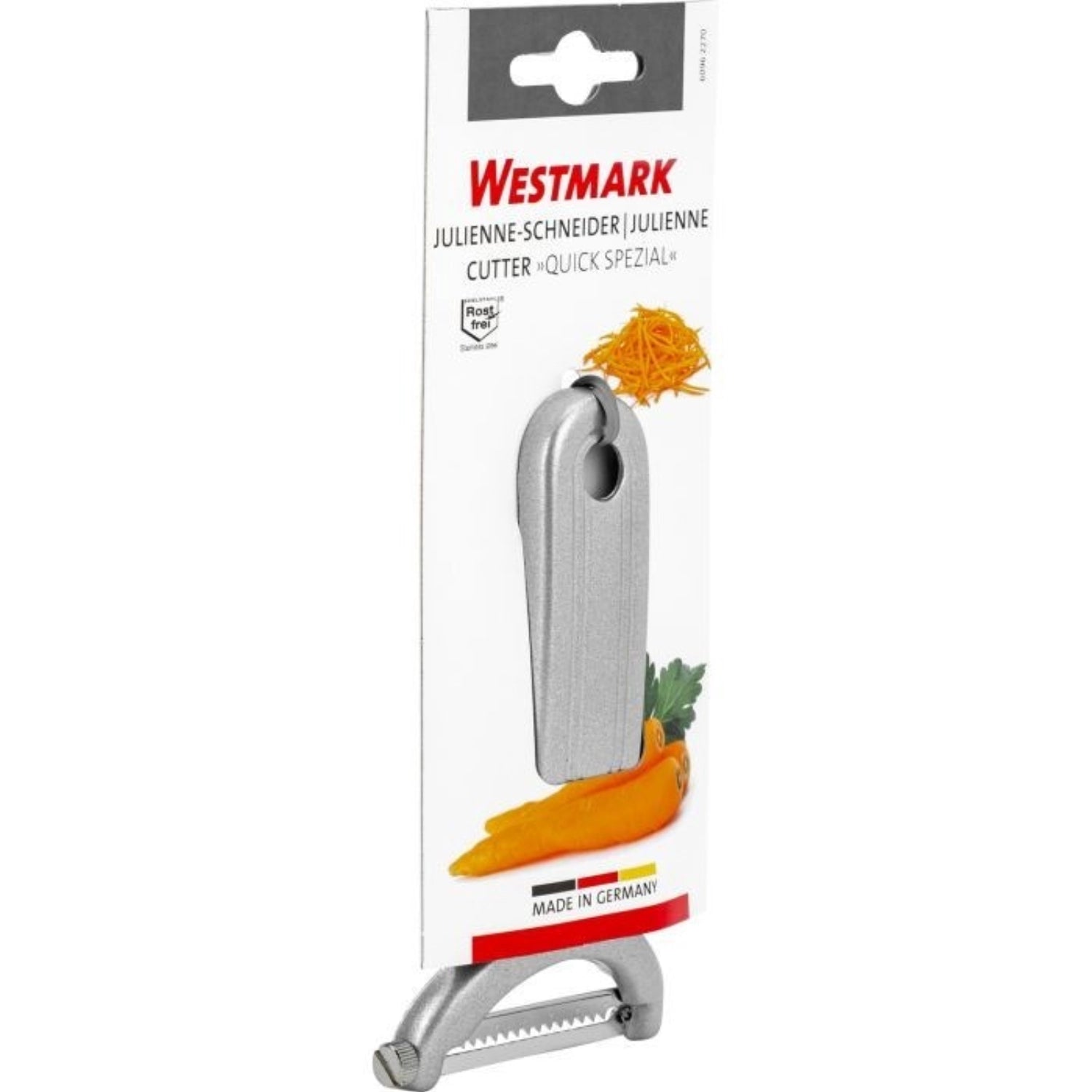 Praktischer Julienne Schneider von Westmark, Maße 12x7.5x1 cm, ideal zum schnellen Schneiden von Gemüse in feine Streifen für kreative Gerichte.