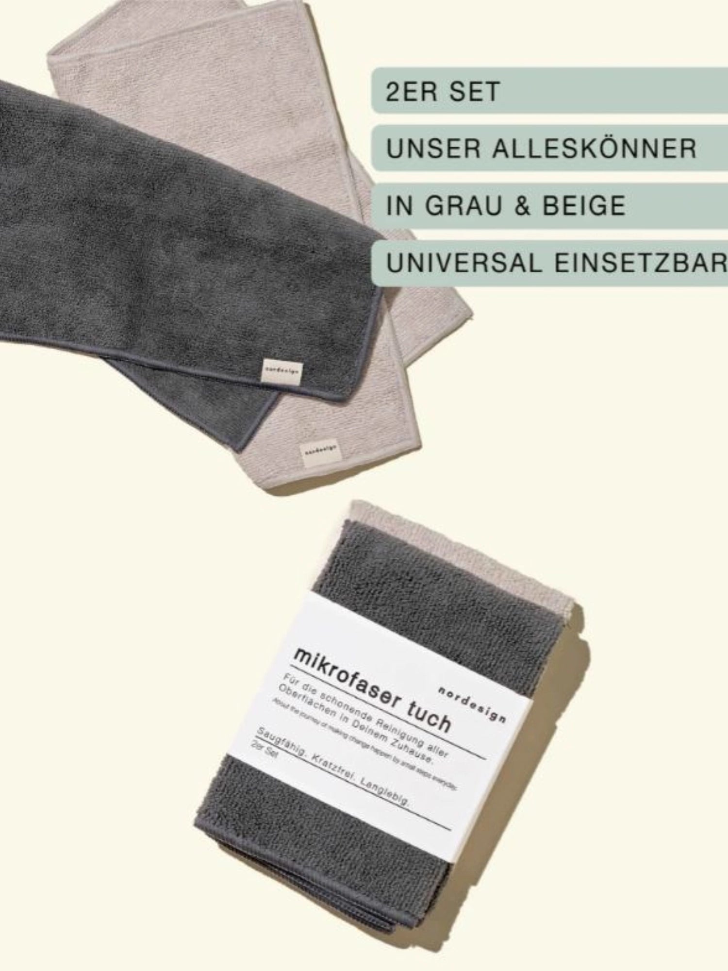 Elegantes 2er Set Mikrofaser Geschirrtücher in stilvollem Grau und Beige von Nordesign, perfekt für effizientes Abtrocknen und vielseitige Reinigung.