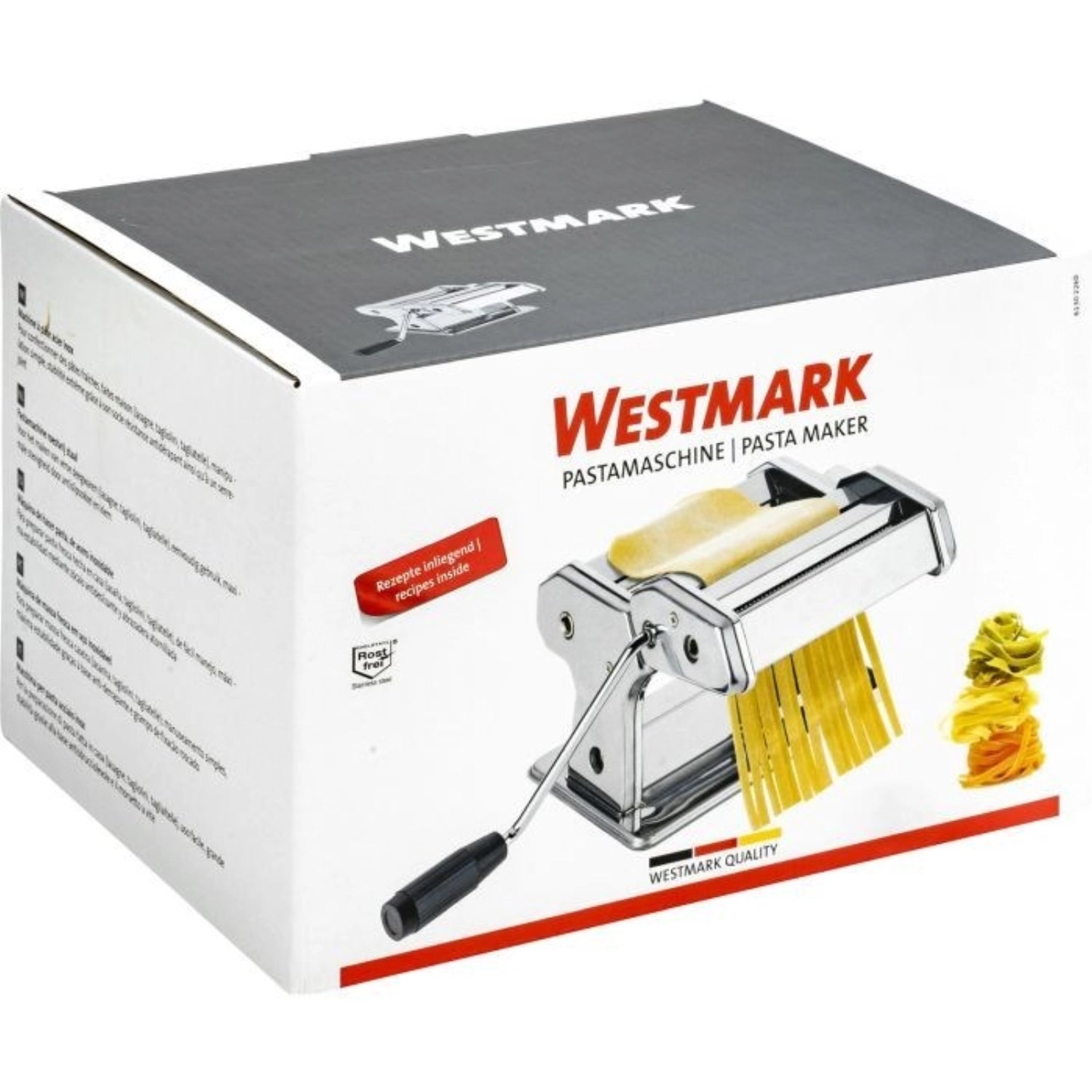 Hochwertige Pastamaschine aus Edelstahl von Westmark, ideal für die Zubereitung von frischer Pasta zu Hause, kompakte Größe 20x20x15.5cm.