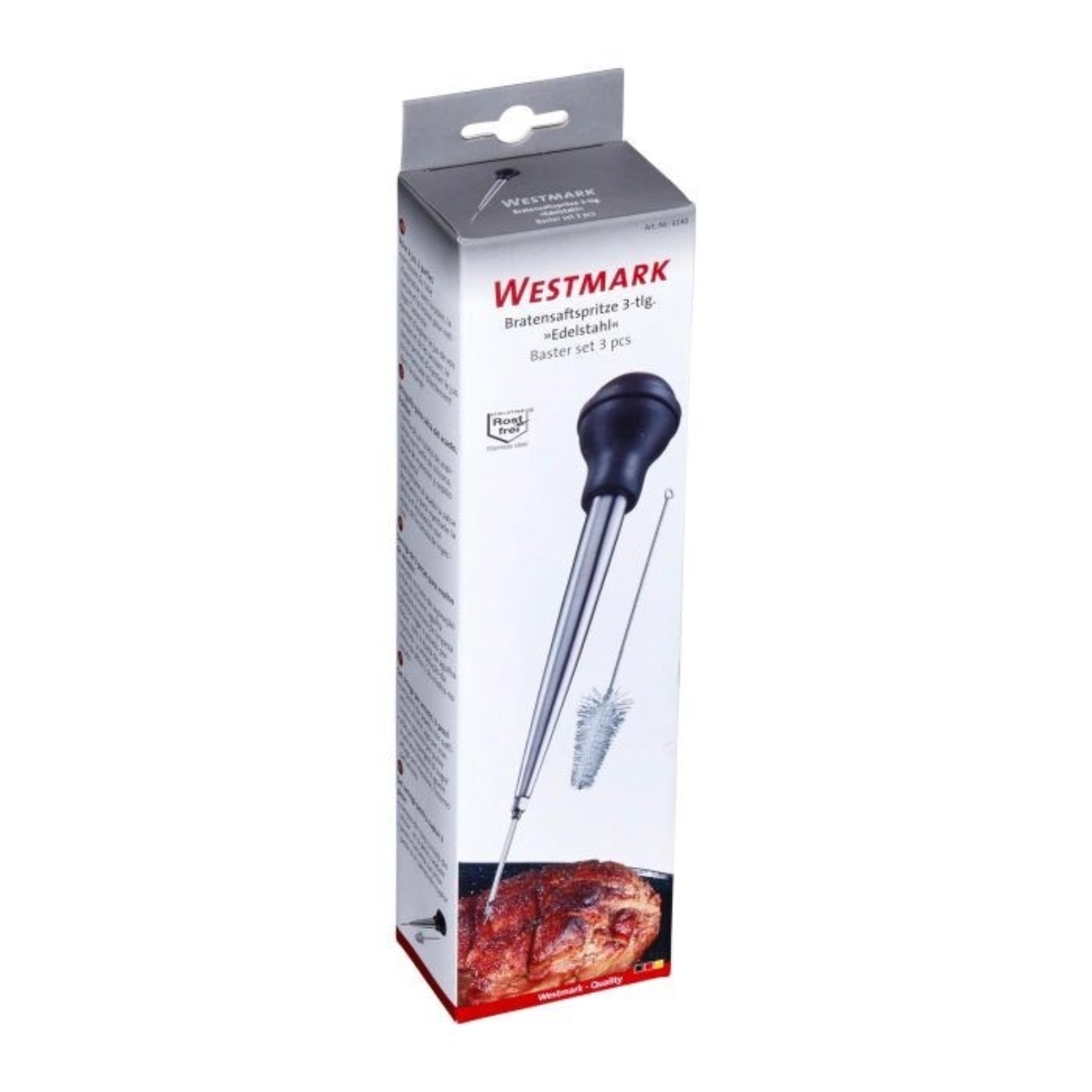 Praktische 3-teilige Bratensaftspritze von Westmark, perfekt zum Marinieren und Verfeinern von Fleischgerichten für intensiven Geschmack.
