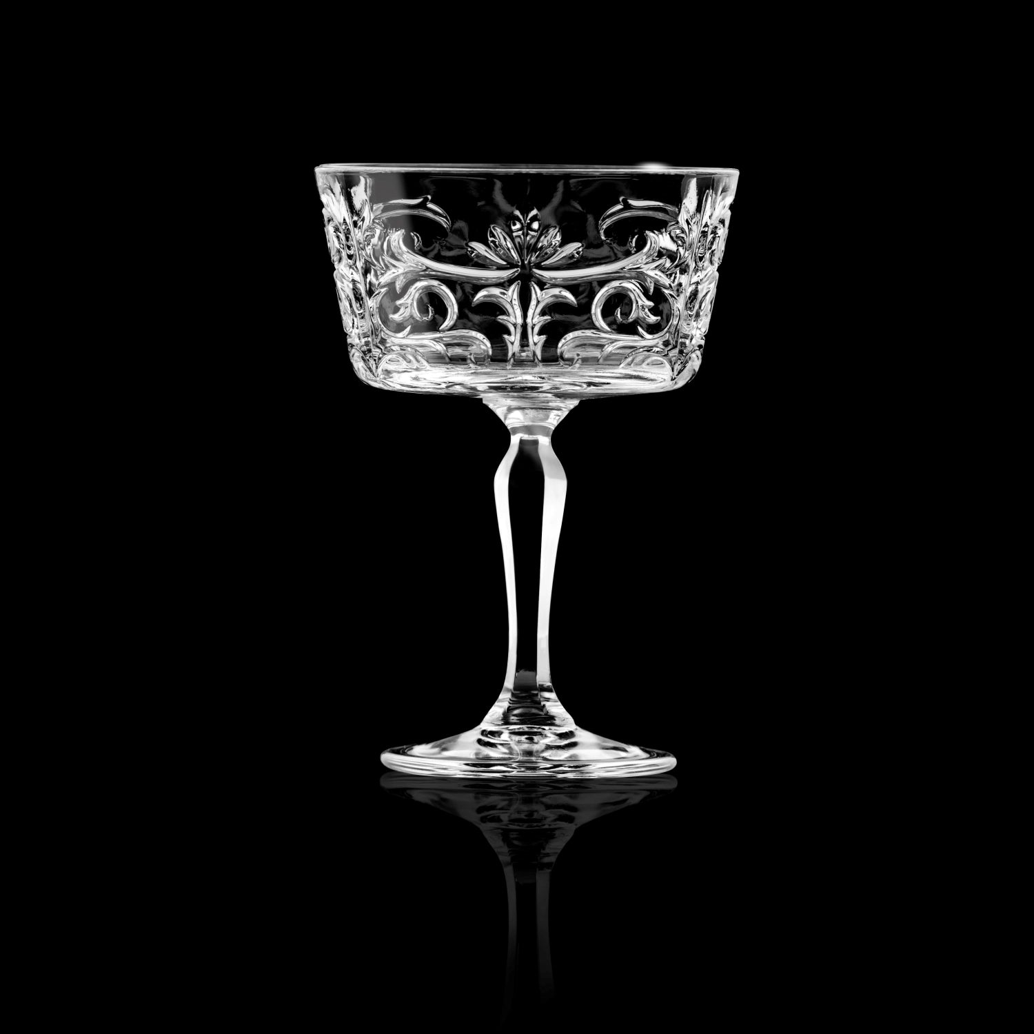 Elegantes 6-teiliges Set Tattoo Coppe Champagnerflöten von RCR, Ø10 cm, H14 cm, 27cl, perfekt für feierliche Anlässe und stilvolle Tischdekoration.