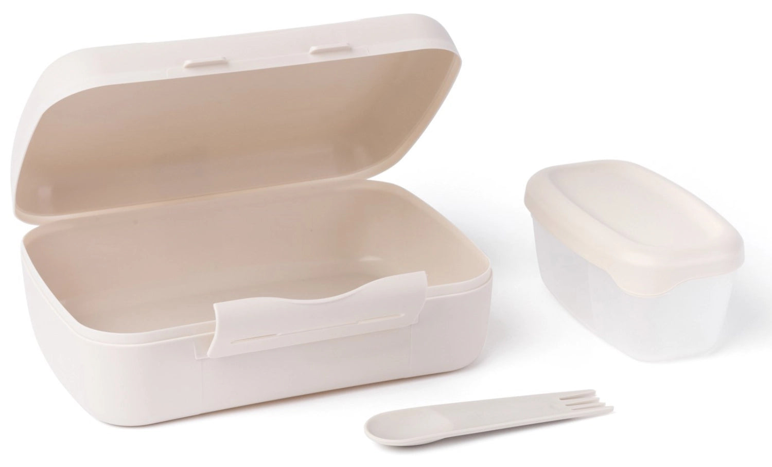 Beige Lunchbox von Amuse mit praktischem Göffel, ideal für Salate und Snacks, kompakte Größe 210x156x71mm, perfekt für unterwegs.