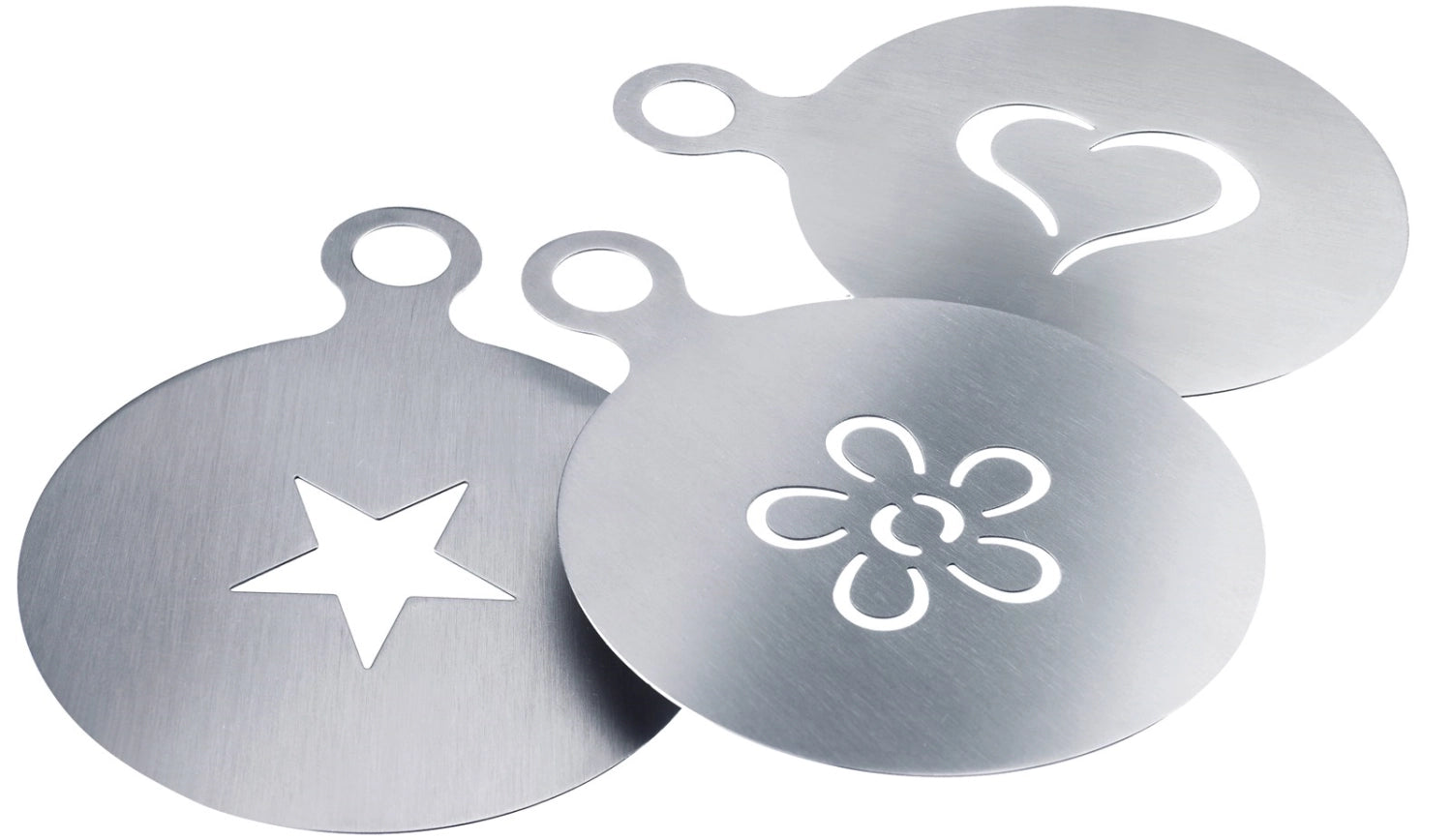 Drei dekorative Schablonen von Westmark für Cappuccino, ideal zum Verzieren von Kaffeegetränken, in ansprechendem Design und praktischer Größe.