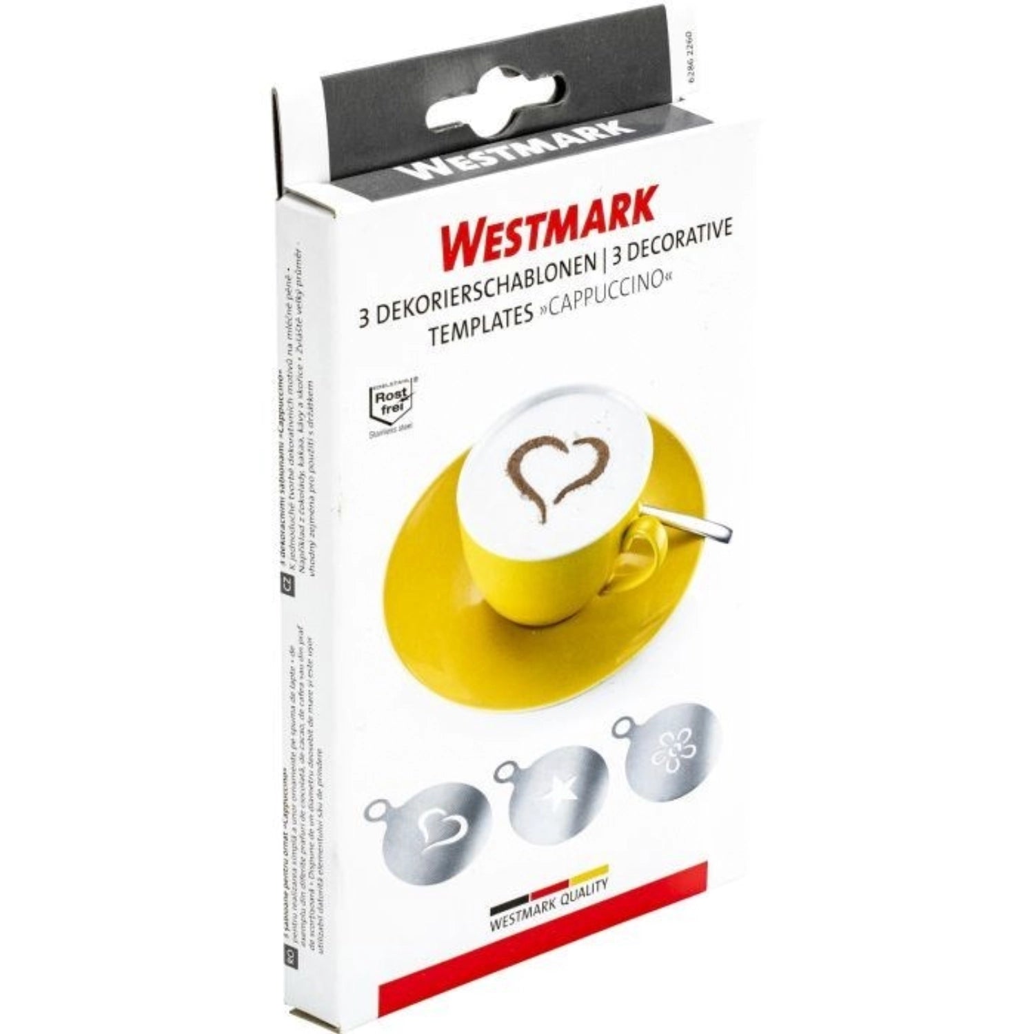 Drei stilvolle Dekorierschablonen von Westmark für kreative Kaffee-Kunst, perfekt für Cappuccino und andere Getränke, Durchmesser 10 cm.