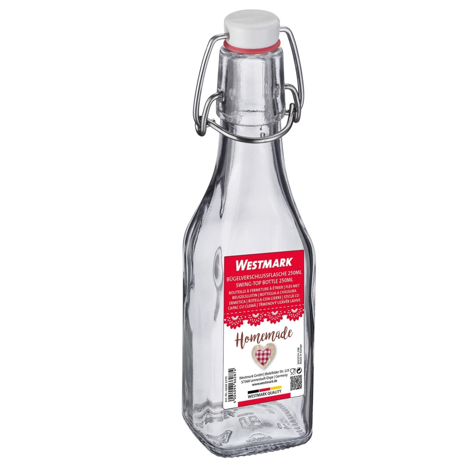 Elegante 250ml Bügelverschlussflasche von Westmark, ideal für Getränke und mit einem charmanten Anhänger für eine ansprechende Präsentation.