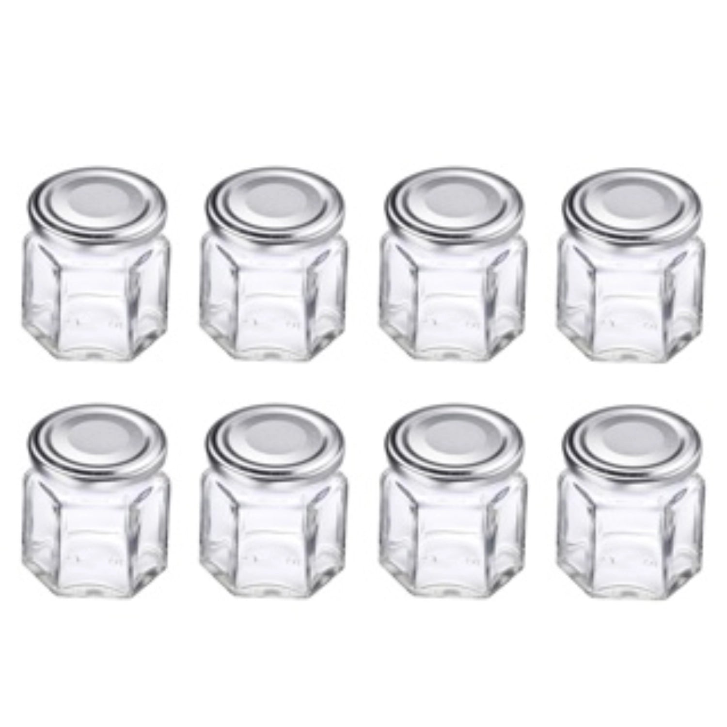 8er Set 45ml sechseckige Einmachgläser mit weißen Deckeln von Westmark, ideal für die Aufbewahrung von Lebensmitteln und kleinen Gegenständen.