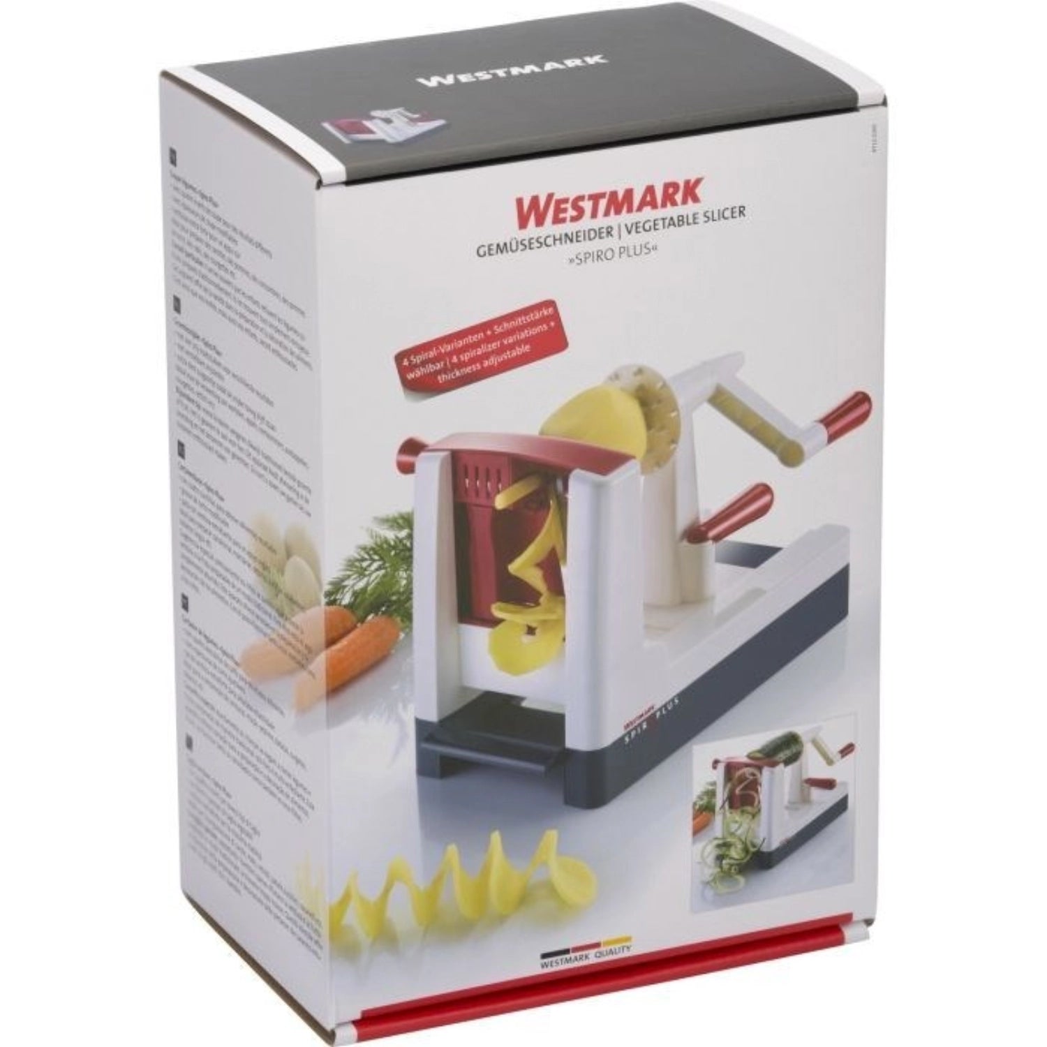 Der Gemüseschneider Spiro Plus von Westmark, kompakt und handlich, verwandelt Gemüse in kreative Spiralen für gesunde Gerichte.