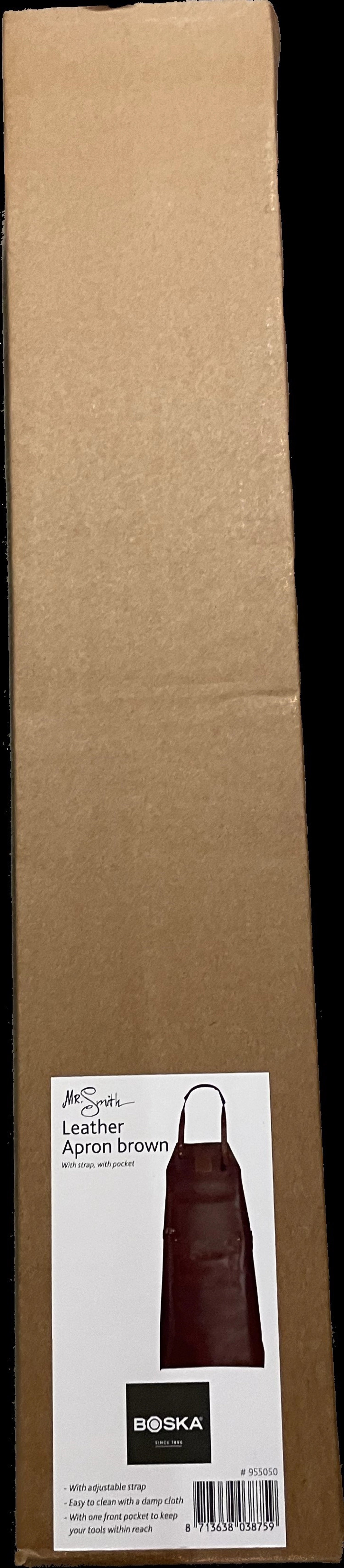 Elegante braune Küchenschürze von Mr. Smith mit praktischer Tasche, ideal für kreative Köche, vereint Stil und Funktionalität.