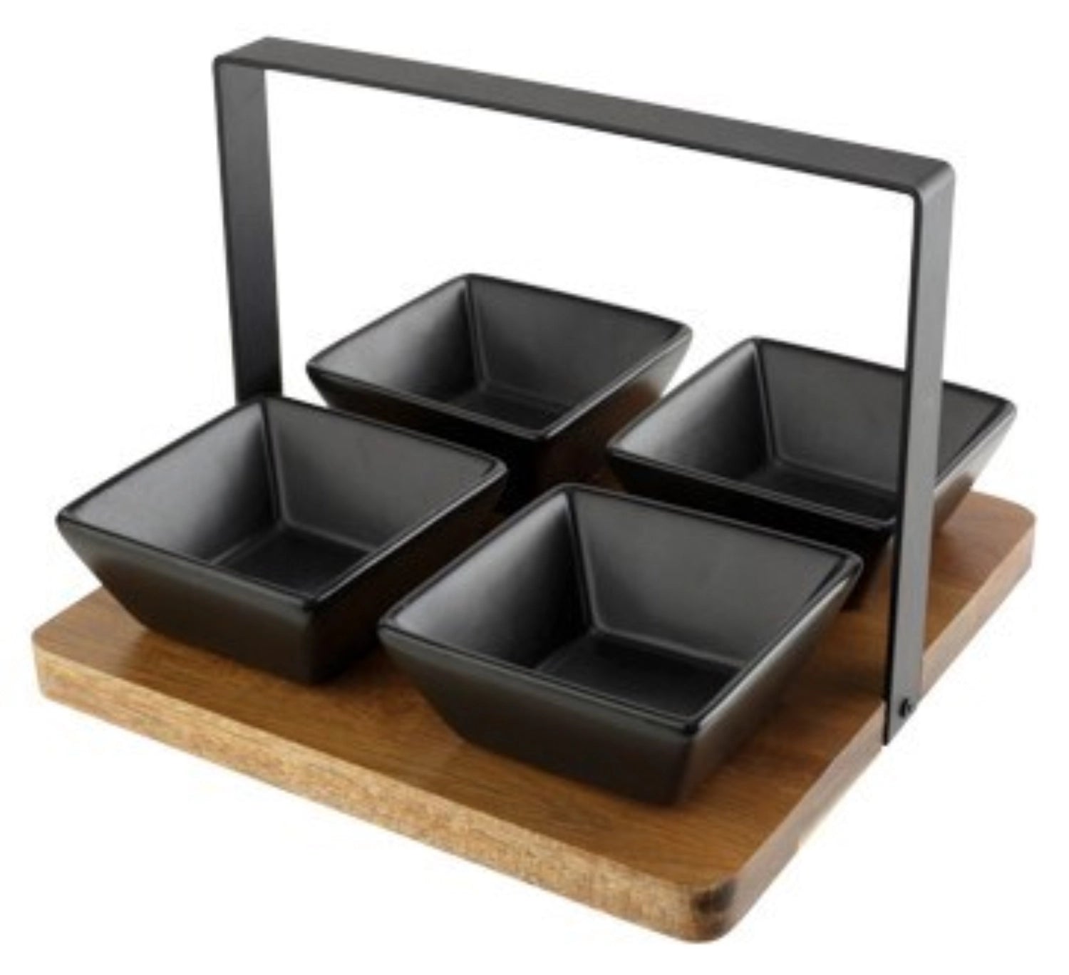 Elegantes Apero Regal mit vier keramischen Schalen in Schwarz, ideal für ansprechende Präsentation von Snacks und Appetithäppchen.
