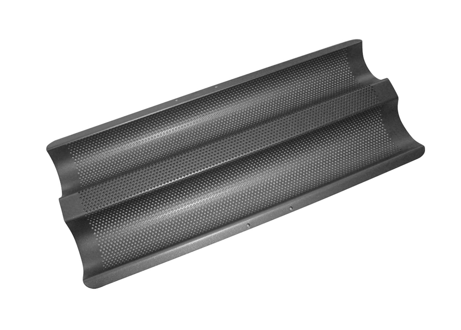 Hochwertiges gelochtes Backblech von de Buyer, gewellt, für 2 Baguettes (37x16,2 cm). Perfekt für knusprige Backwaren und gleichmäßige Hitzeverteilung.
