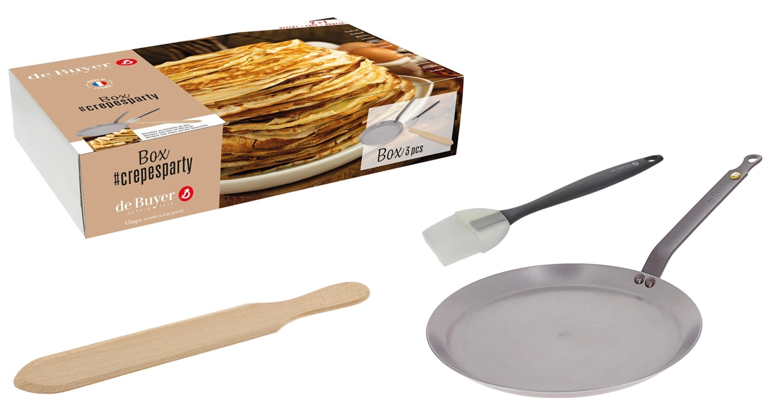 3er Set Crêpesparty von de Buyer: Crêpepfanne Ø26cm, Pinsel und Spachtel für perfekte Crêpes und kreative Kochabende.