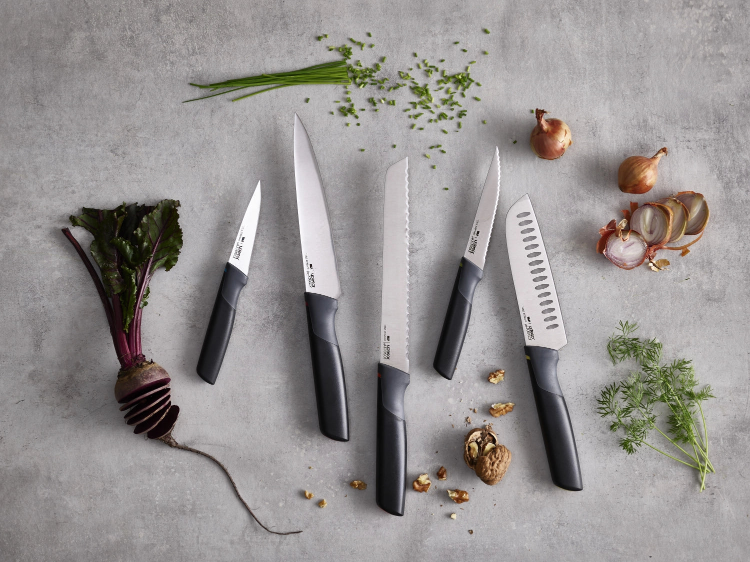 Praktisches 5-teiliges Messer Karussell von Joseph Joseph, ideal für stilvolle Küchenorganisation und effizientes Kochen.