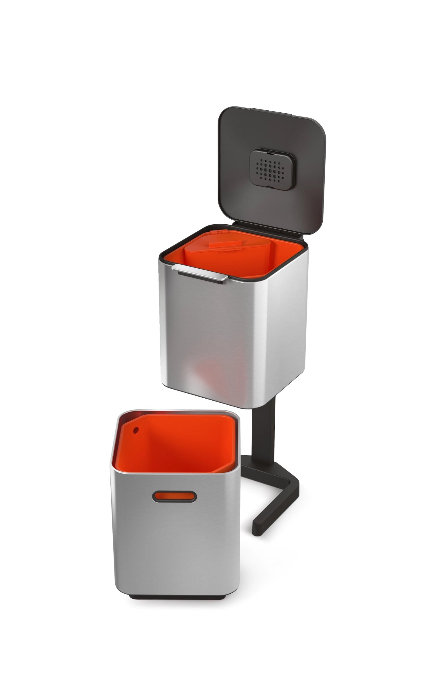 Eleganter Mülleimer Totem Compact 40L von Joseph Joseph aus Edelstahl, perfekt für moderne Küchen und umweltbewusste Abfalltrennung.