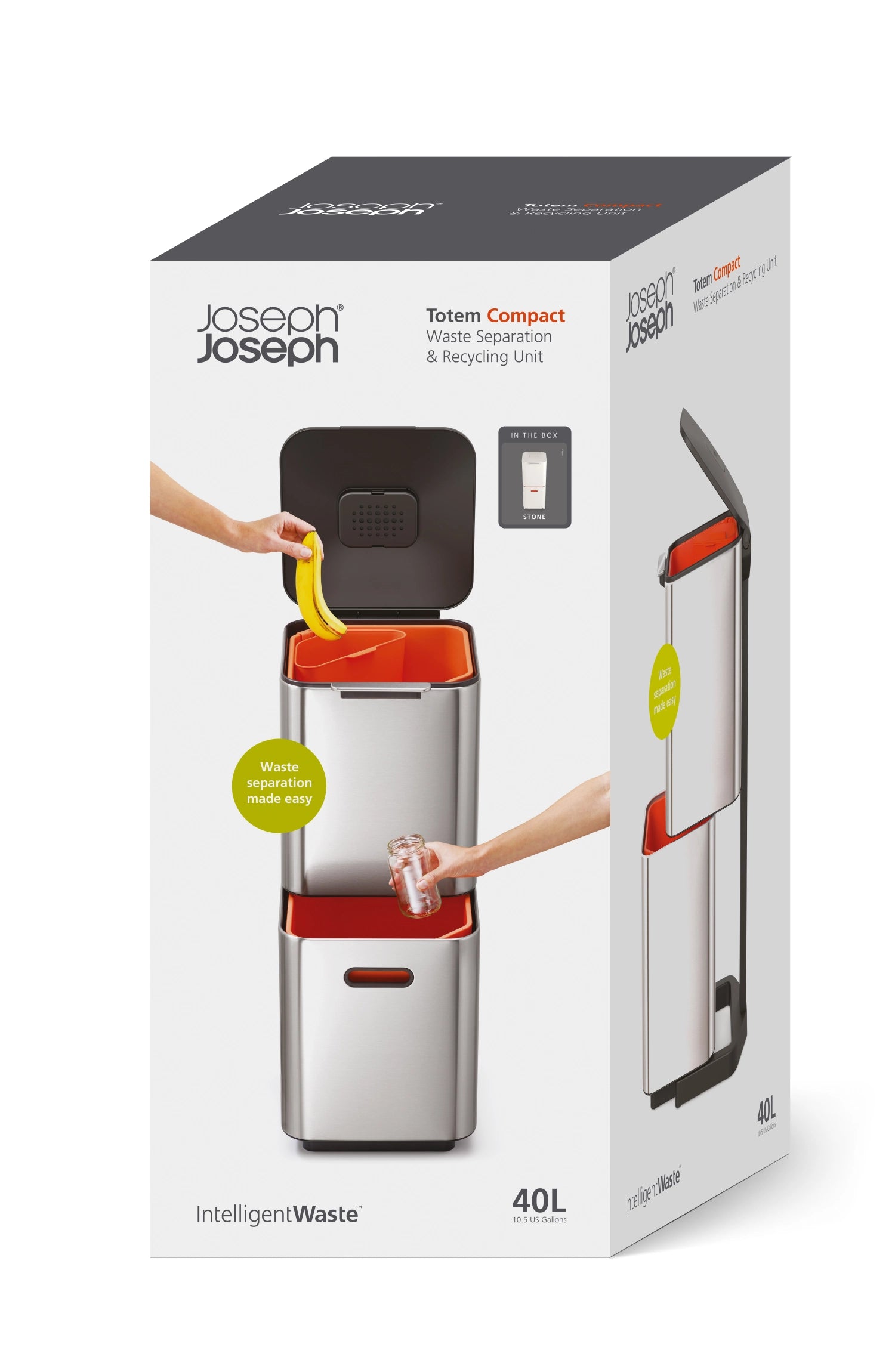 Stylischer Joseph Joseph Totem Compact 40L Mülleimer aus Edelstahl, ideal für platzsparende Abfalltrennung in zeitgemäßen Küchen.
