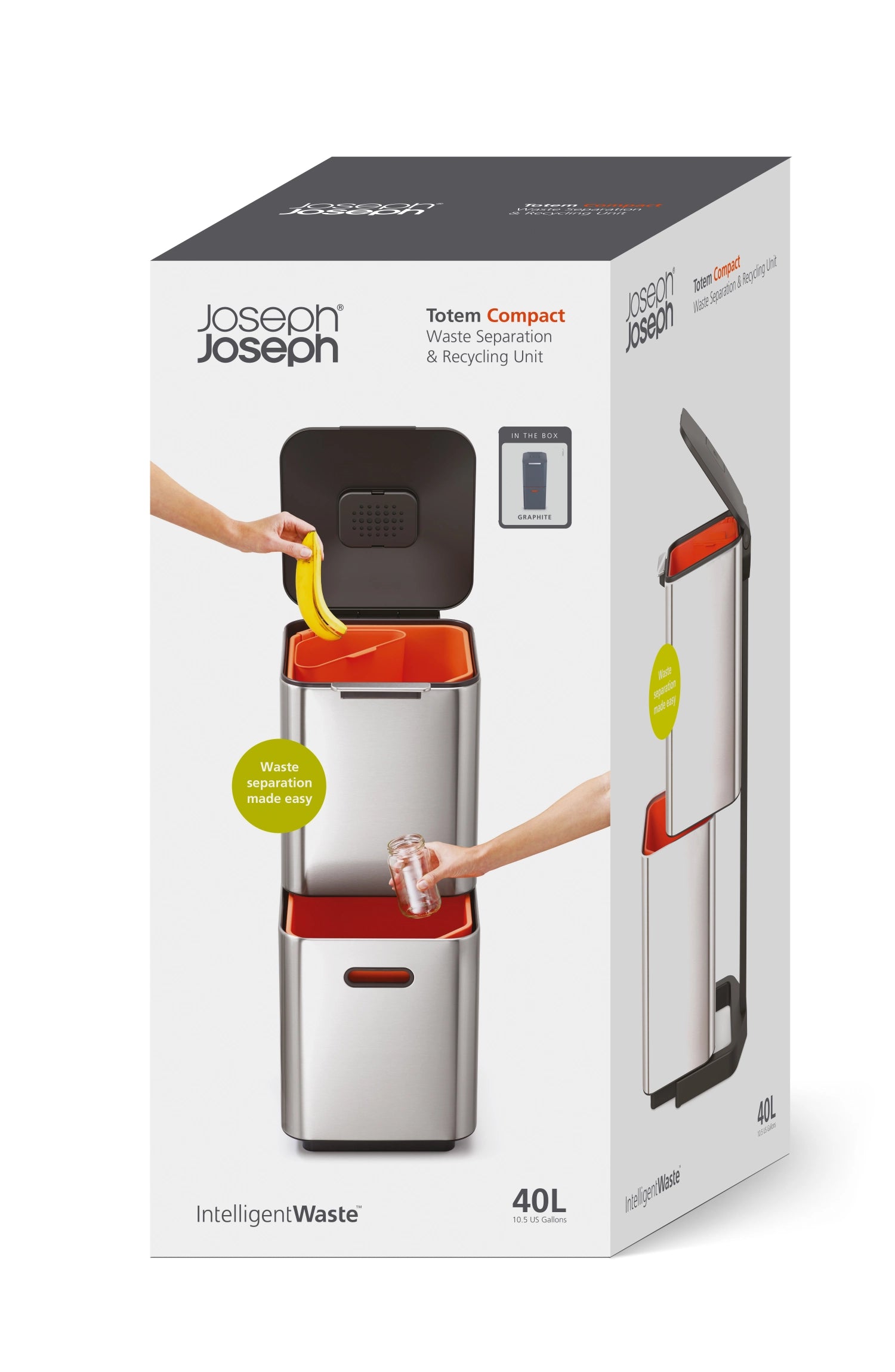 Der Totem Compact 40L in stilvollem Graphit bietet durchdachte Trennmöglichkeiten für Abfälle und Recycling, perfekt für moderne Küchen.