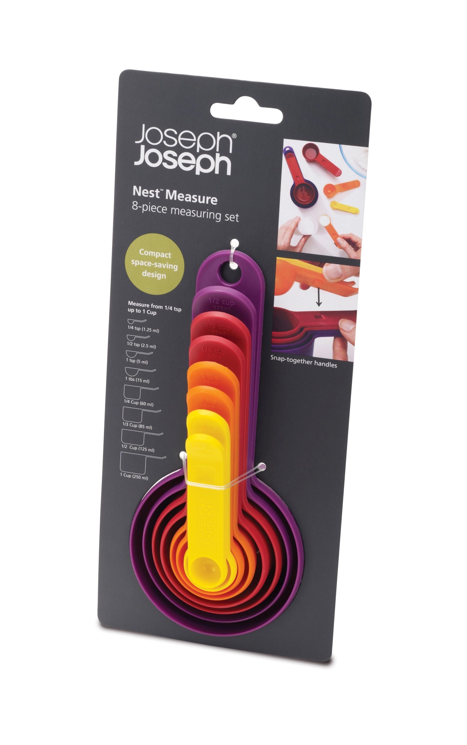 Buntes 8-teiliges Nest Messlöffelset von Joseph Joseph, ideal für genaue Messungen und einfaches Verstauen in der Küche.