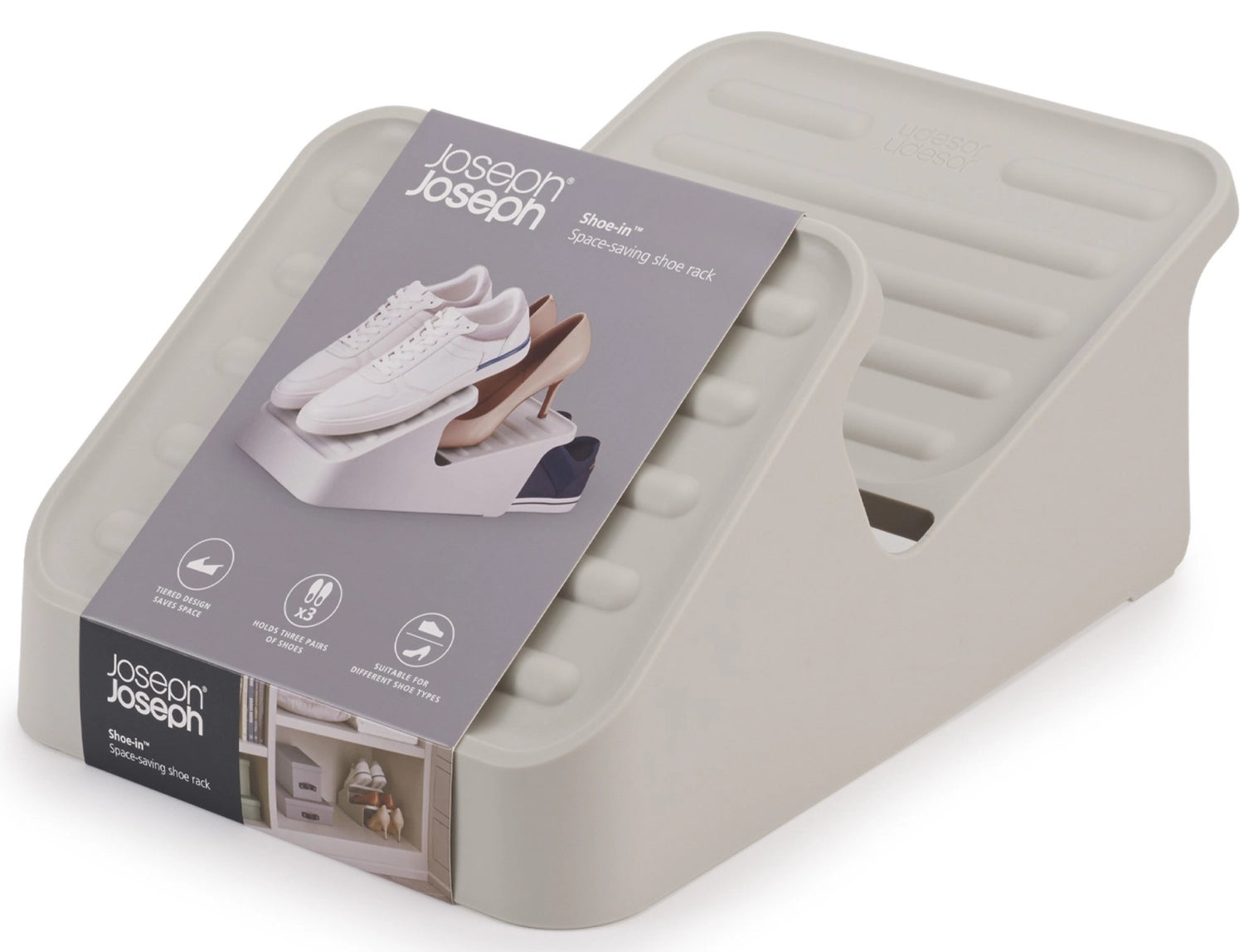 Kompaktes Schuhgestell Shoe-In in Ecru von Joseph Joseph, ideal für die stilvolle und platzsparende Aufbewahrung von Schuhen.