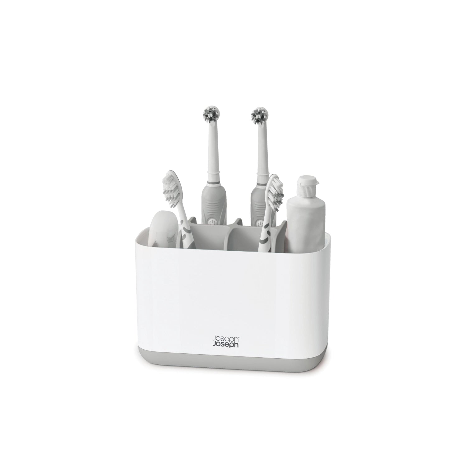 Praktischer Zahnbürstenhalter EasyStore von Joseph Joseph, ideal für die Aufbewahrung von Zahnbürsten und Zahnpasta, modernes Design in Weiß.