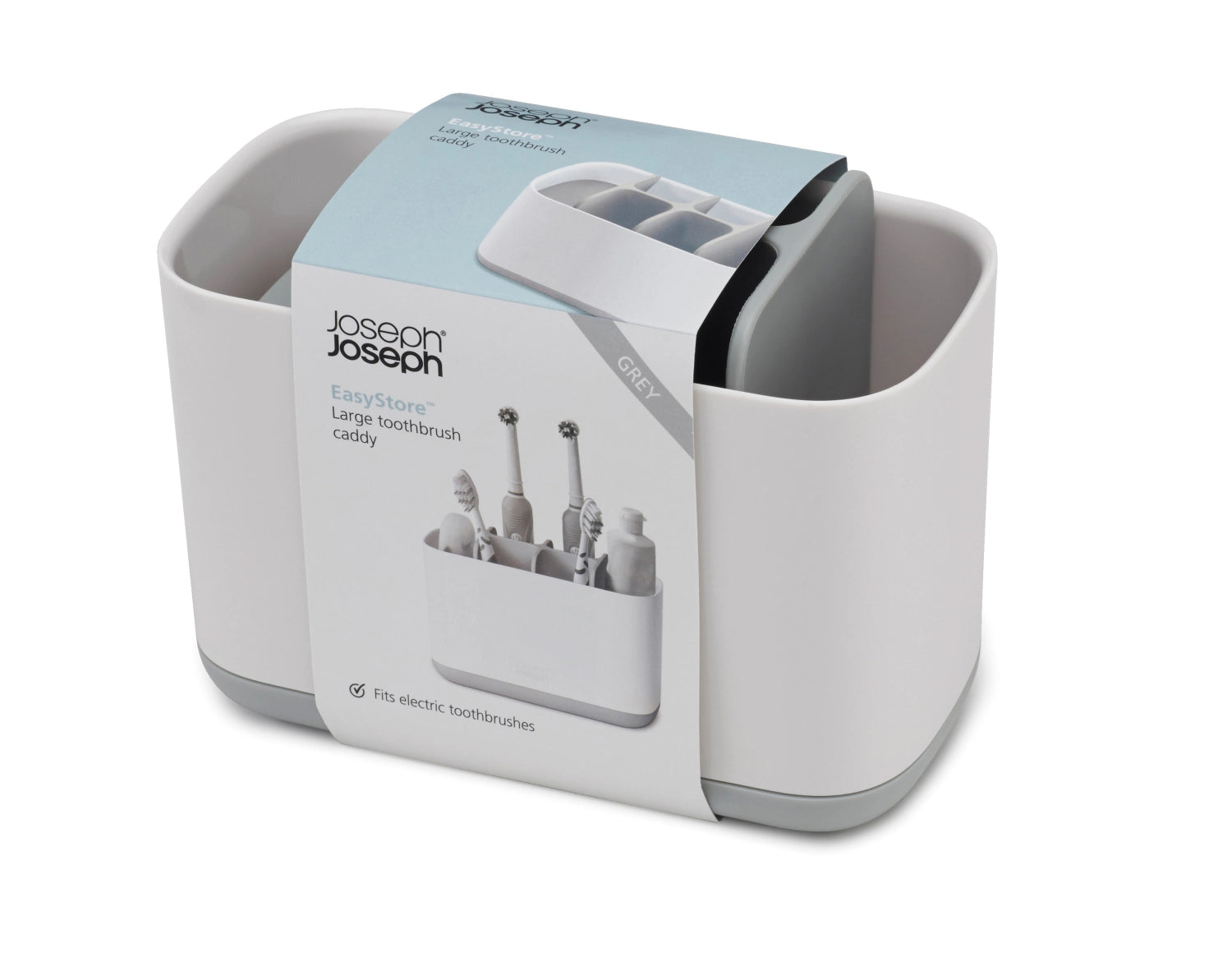 Stylischer Zahnbürstenhalter EasyStore von Joseph Joseph, bietet Platz für Zahnbürsten und Zahnpasta, elegantes und funktionales Design in Weiß.