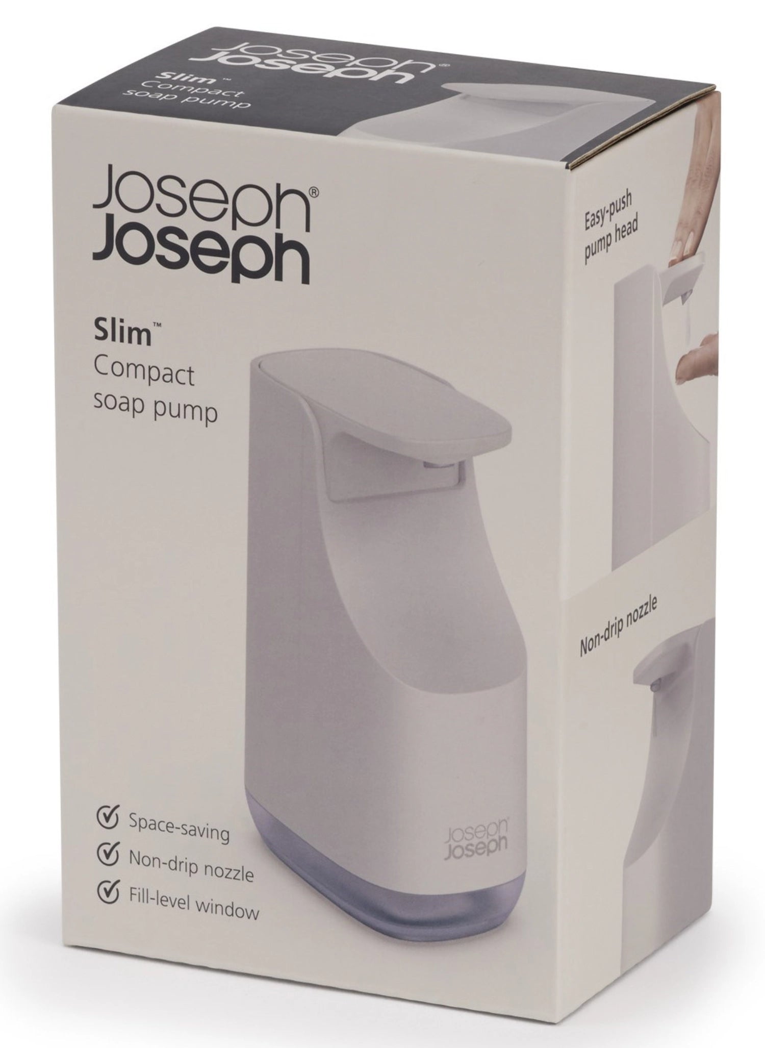 Eleganter Slim Compact Seifenspender in Ecru von Joseph Joseph, ideal für platzsparende Lösungen und zeitgemäße Badästhetik.