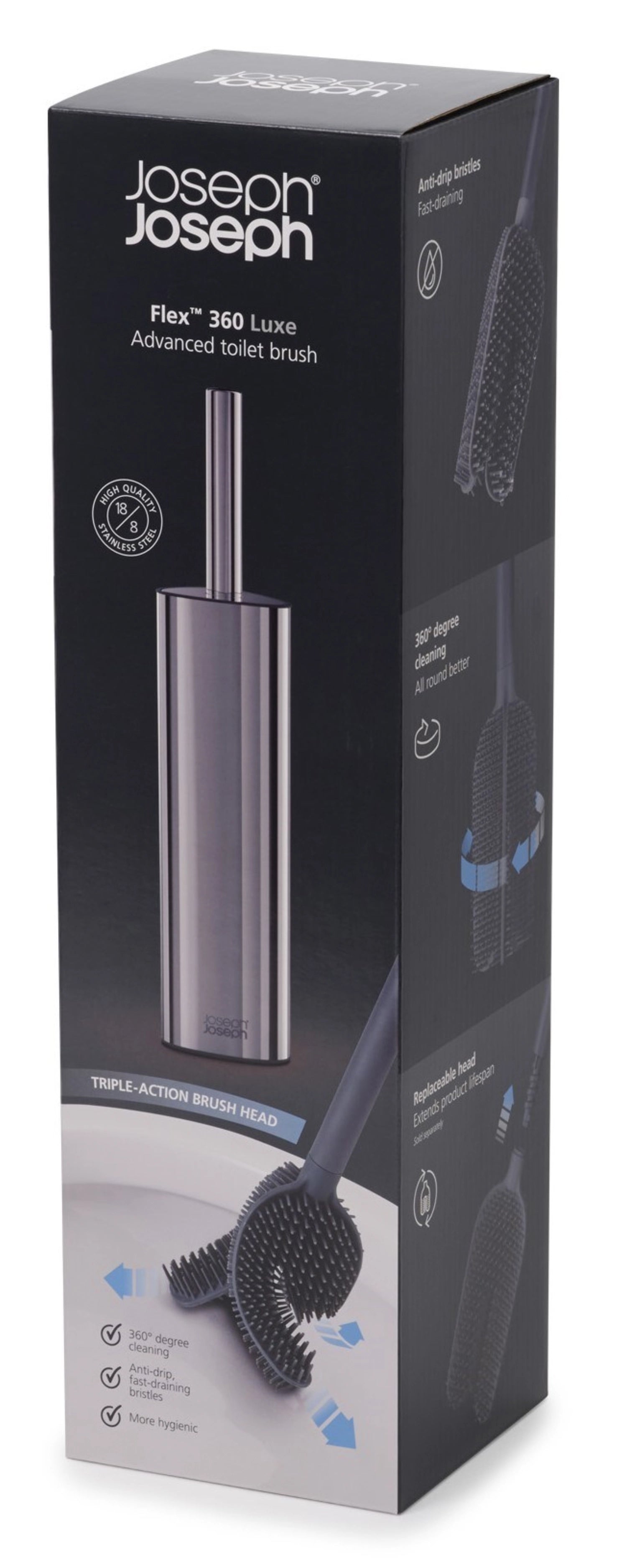 Elegante WC Bürste Flex 360 Luxe aus robustem Edelstahl von Joseph Joseph, designed für effektive Reinigung und modernes Badezimmer-Design.