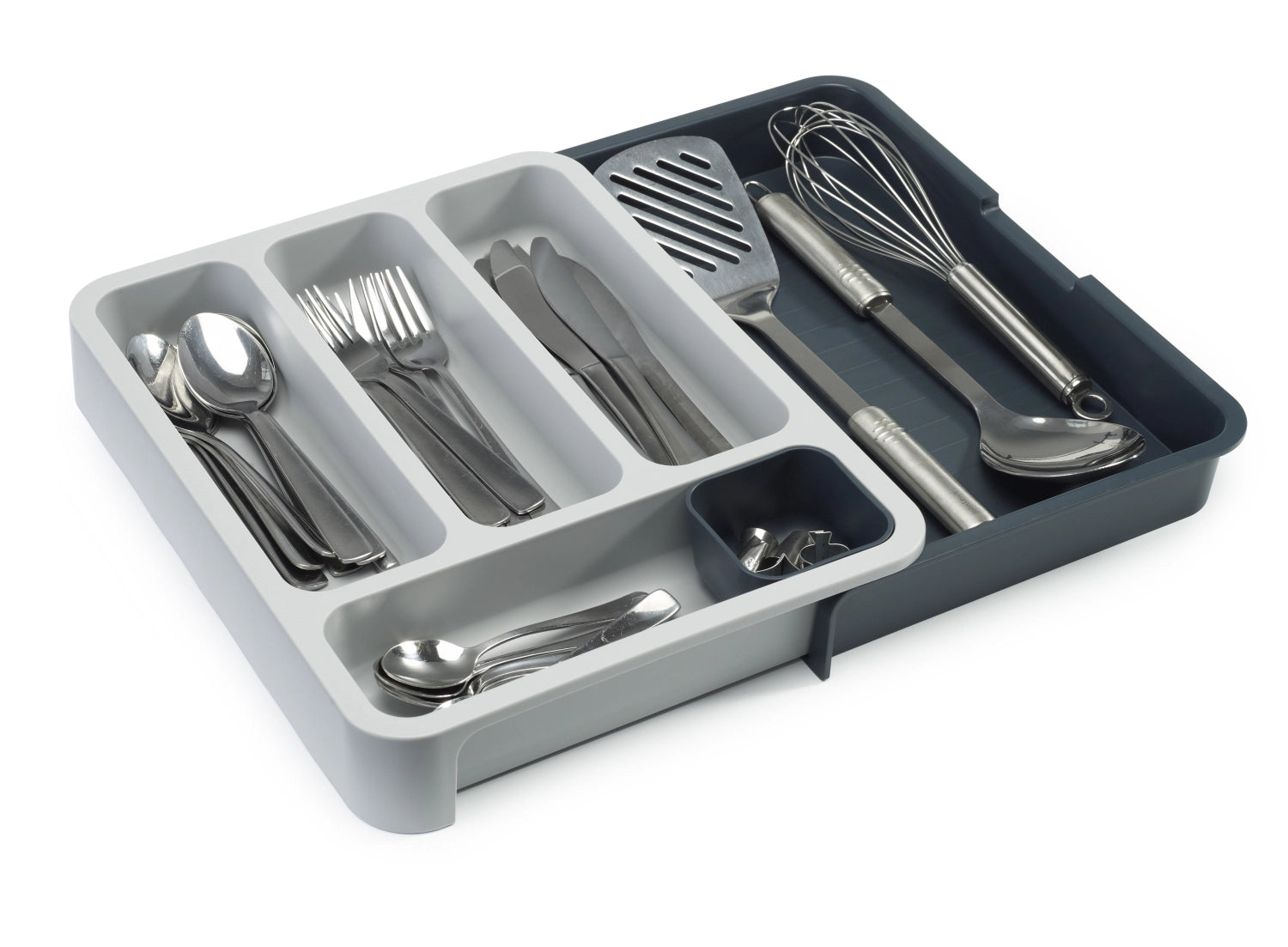 Stylischer Besteckorganizer DrawerStore in elegantem Grau von Joseph Joseph, perfekt für die platzsparende und ordentliche Aufbewahrung in Küchenschubladen.