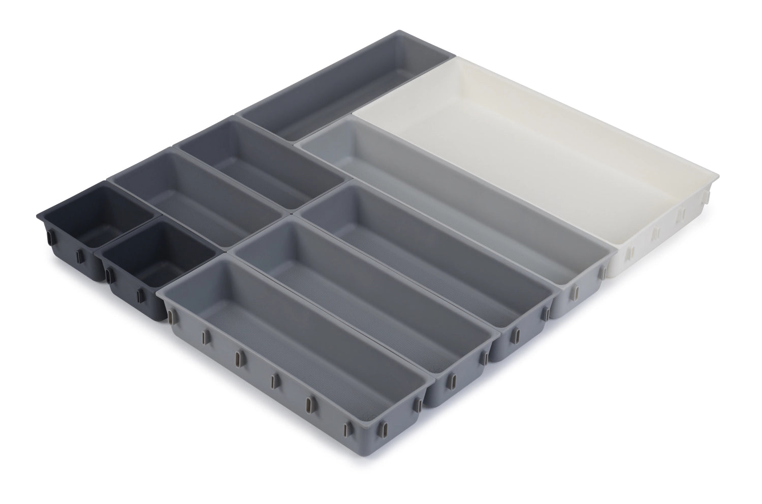 Blox 10-teiliges Schubladen-Organizer-Set von Joseph Joseph, ideal zur übersichtlichen Aufbewahrung von Besteck und Küchenutensilien.