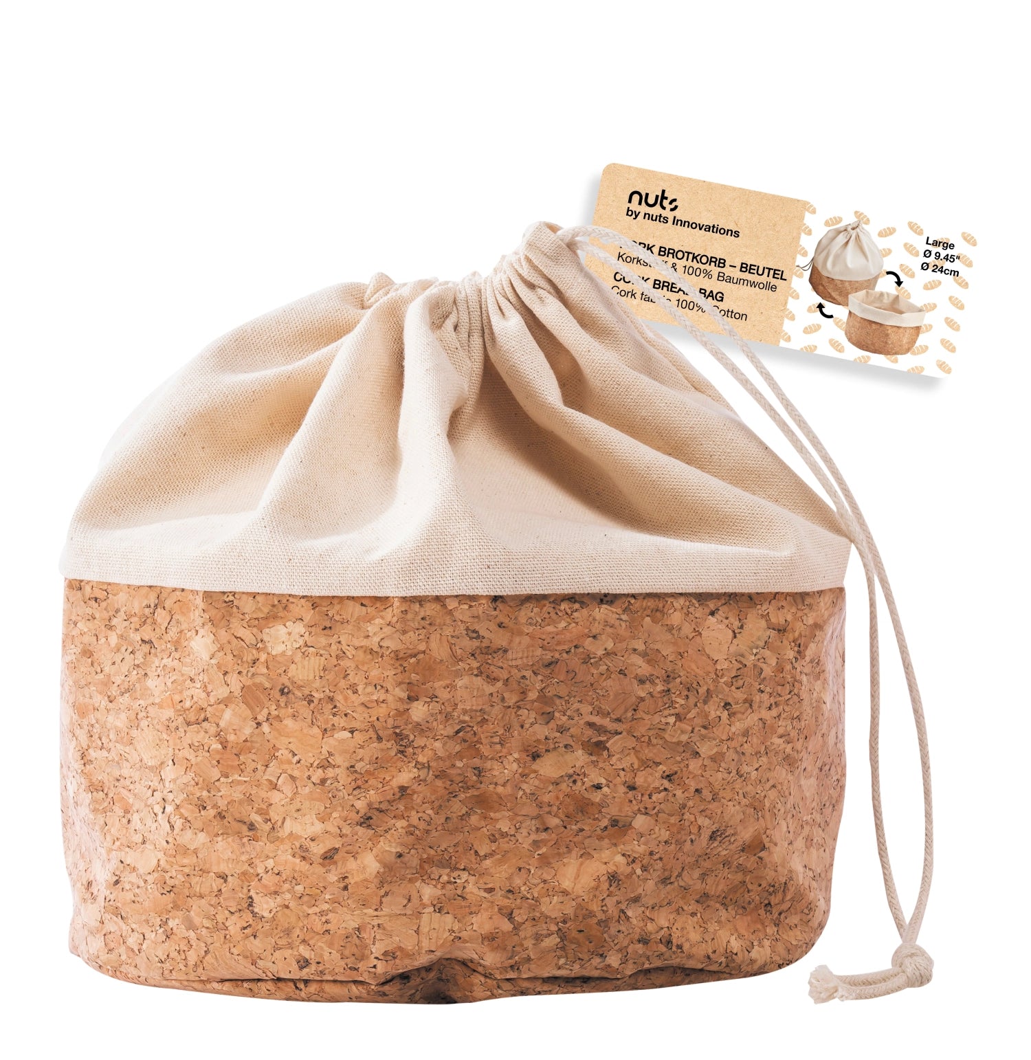 Hochwertiger Brotbeutel aus Baumwolle in Kork/Beige, 24 cm, mit Kordelzug. Perfekt für die Aufbewahrung von Brot und Brötchen.