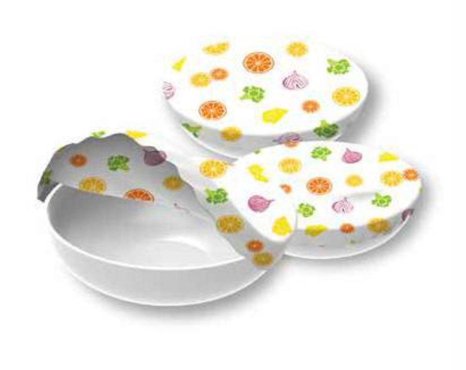 Praktisches 3er Set Textildeckel in verschiedenen Größen für Obst und Gemüse, ideal für die nachhaltige Aufbewahrung in der Küche.