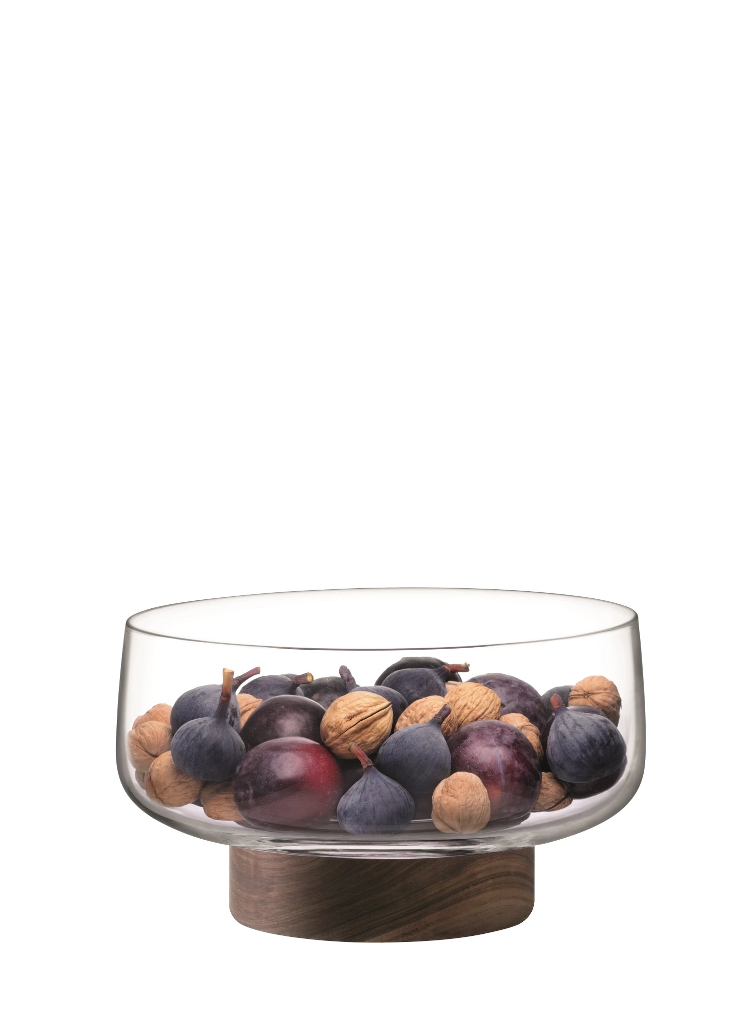 Elegante City Schale aus transparentem Glas, kombiniert mit einem edlen Nussbaum Untersetzer, Ø30cm, ideal für stilvolle Tischdekoration.