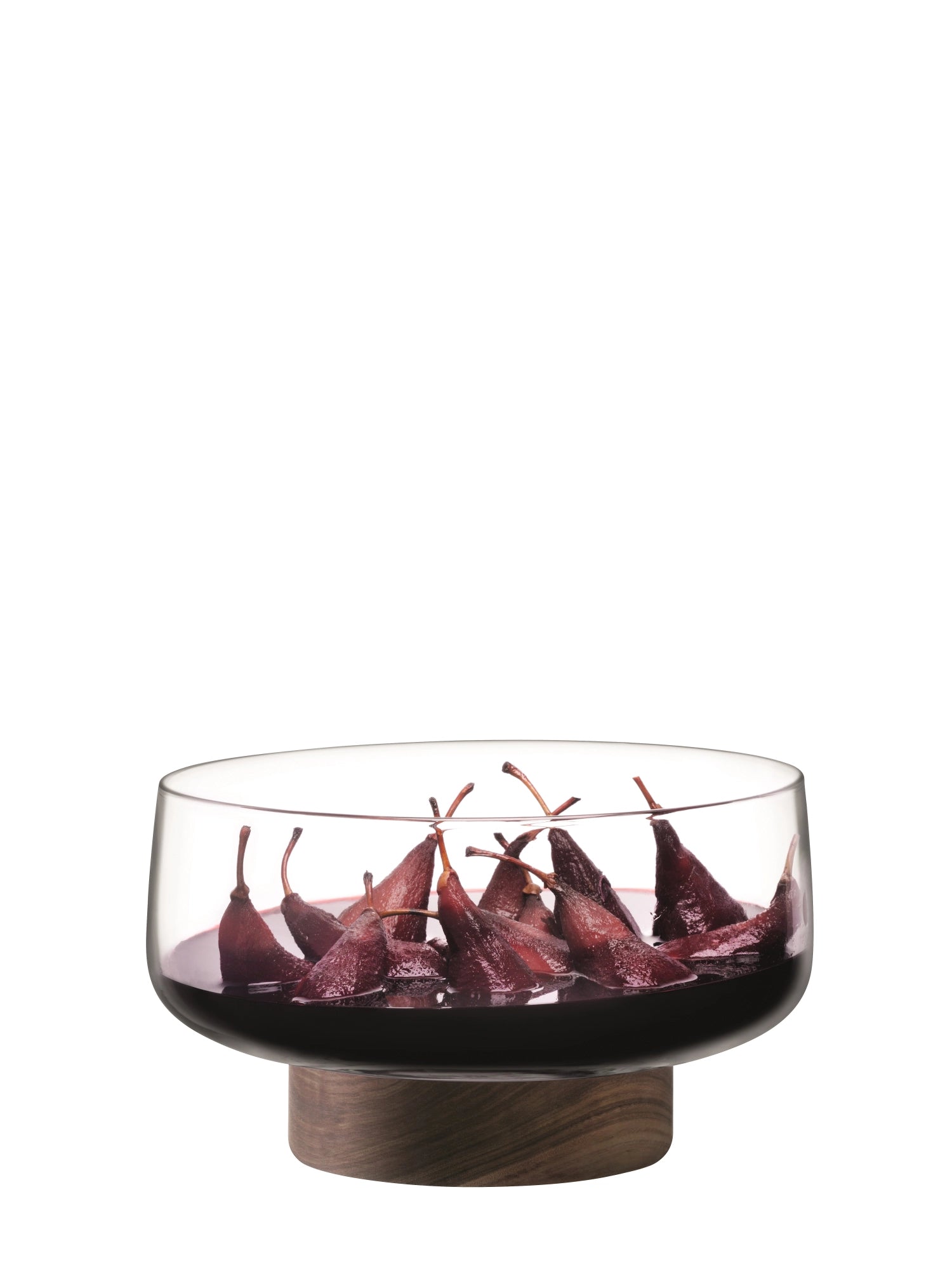 Stilvolle City Schale aus klarem Glas mit hochwertigem Nussbaum Untersetzer, Ø30cm, perfekt für moderne Tischarrangements und als dekoratives Element.