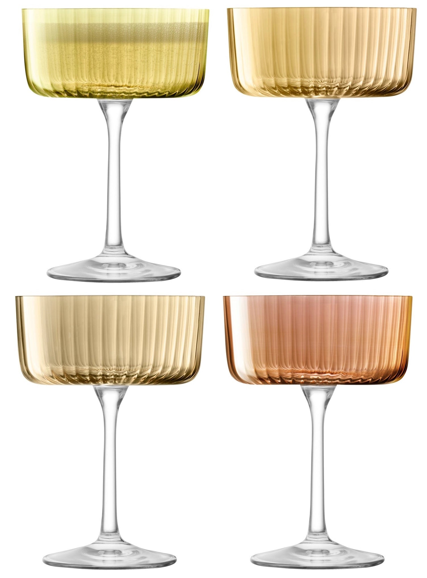 Elegantes 4er Set Gems Champagner- und Cocktailgläser von LSA, 230ml, in leuchtenden Farben, perfekt für besondere Anlässe und stilvolle Cocktails.