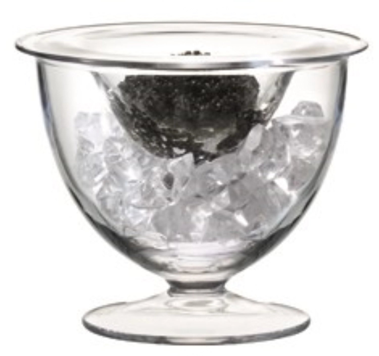 Schlichtes Kaviar Set aus klarem Glas mit einem Durchmesser von 14 cm, ideal für die ansprechende Servierung von Delikatessen und Appetizern.