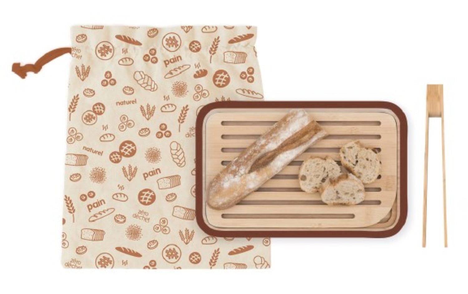 3-teiliges Set von Pebbly mit Brotbrett, Toastzange und Brotbeutel, ideal für frisches Brot und stilvolle Aufbewahrung.