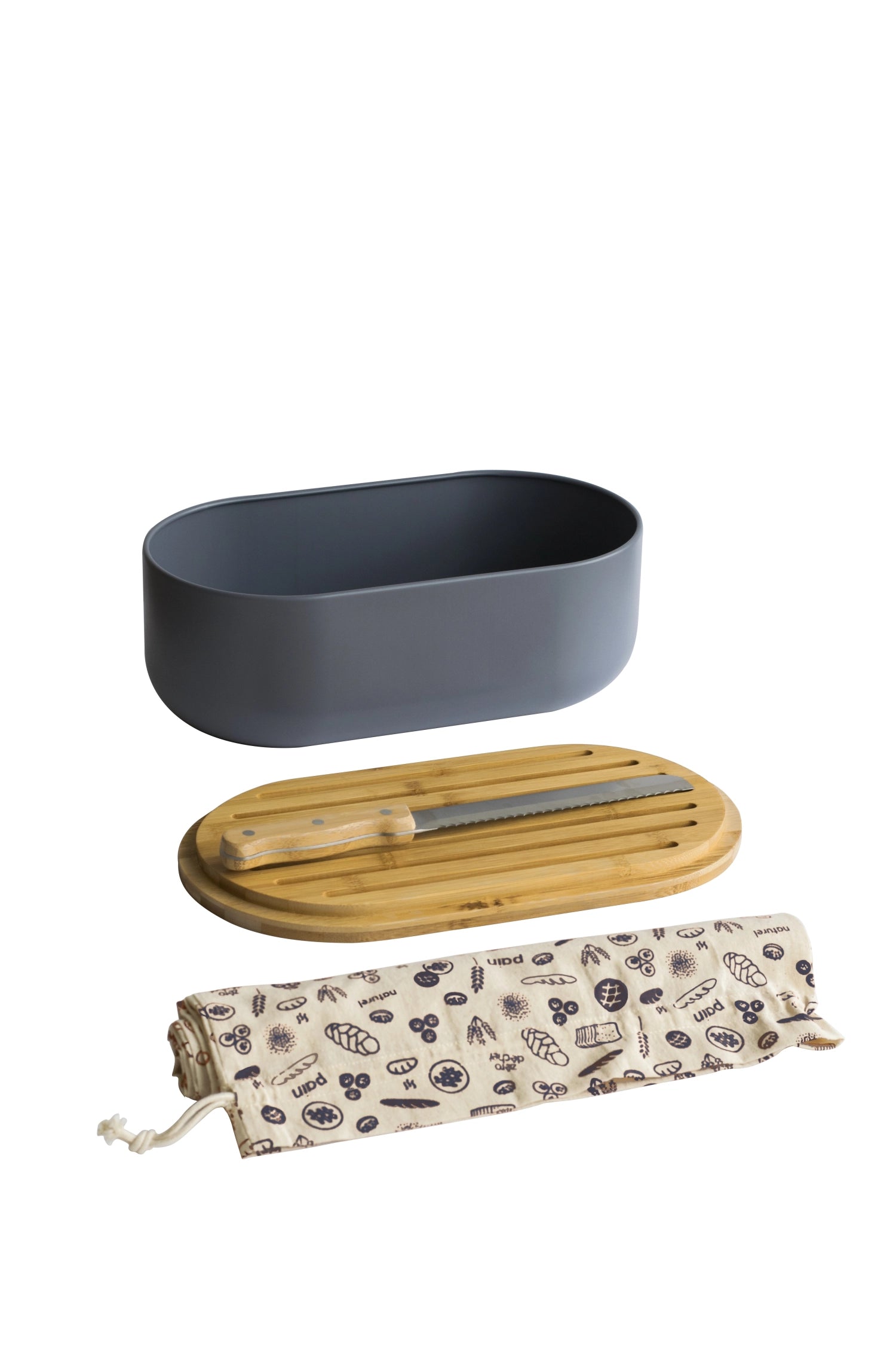 Eleganter Brotkasten von Pebbly in Slate, ausgestattet mit einem praktischen Schneidebrett, einem Messer und einem Brotbeutel – ideal für frisches Brot.