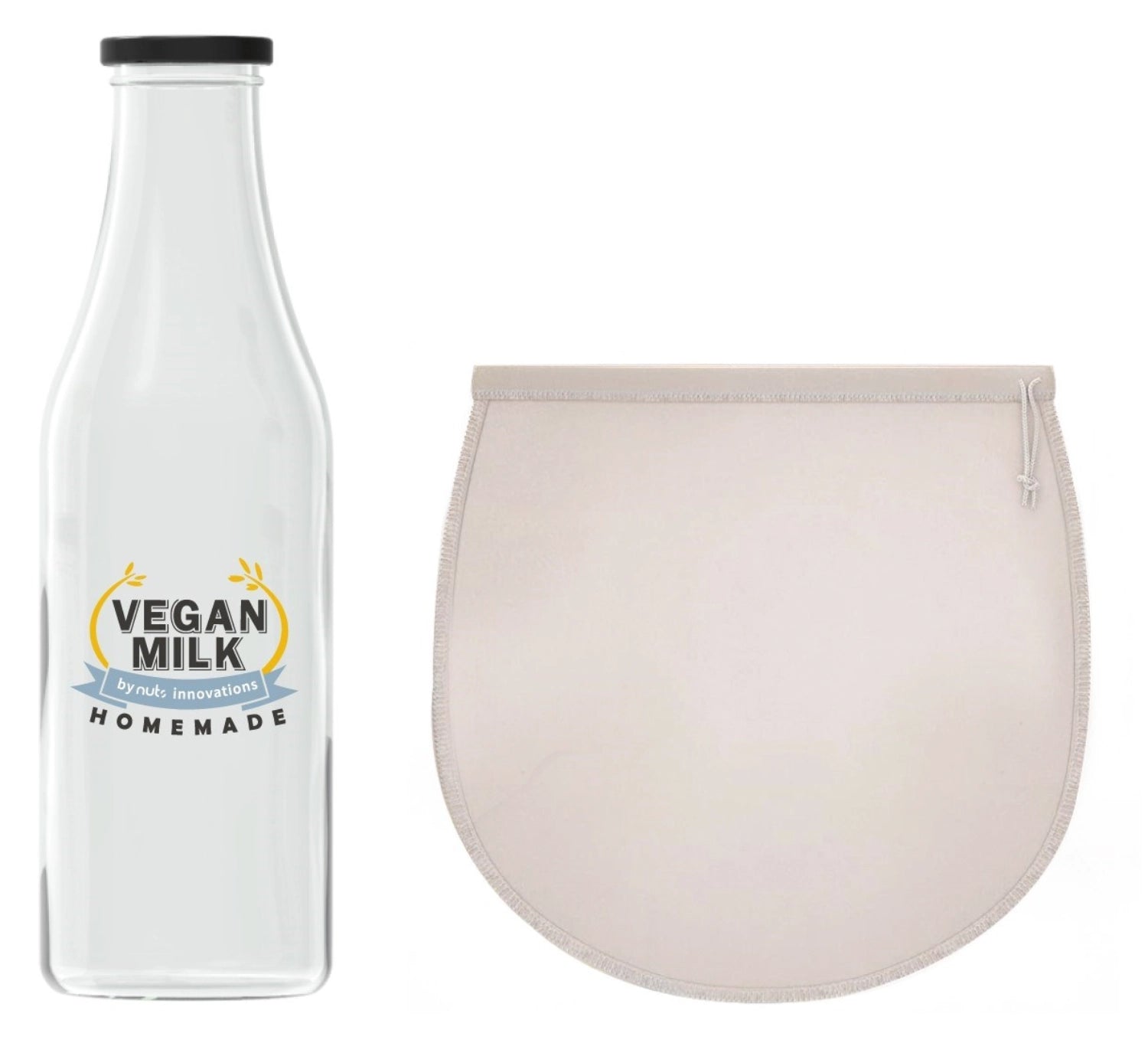 Praktisches 2er Set Nussmilchbeutel und 900ml Flasche von Nuts Innovations, ideal für die Zubereitung von Nussmilch und gesunden Getränken.