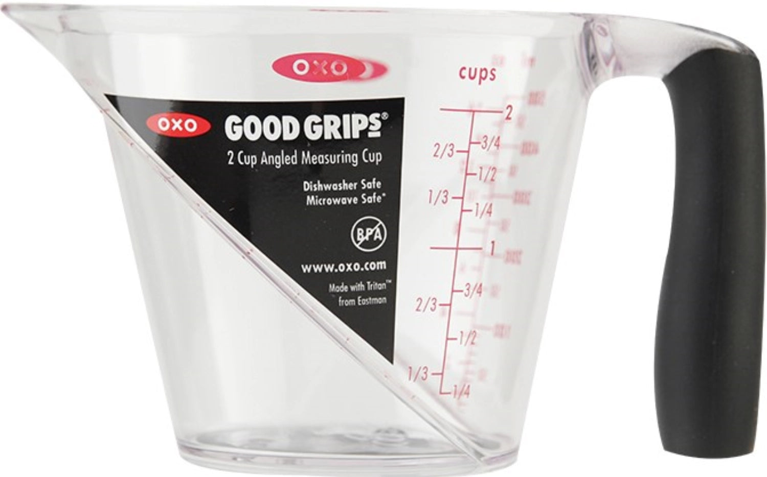 Praktischer abgewinkelter Messbecher von OXO mit 500 ml Fassungsvermögen, perfekt für müheloses Messen und Ausgießen von Flüssigkeiten.