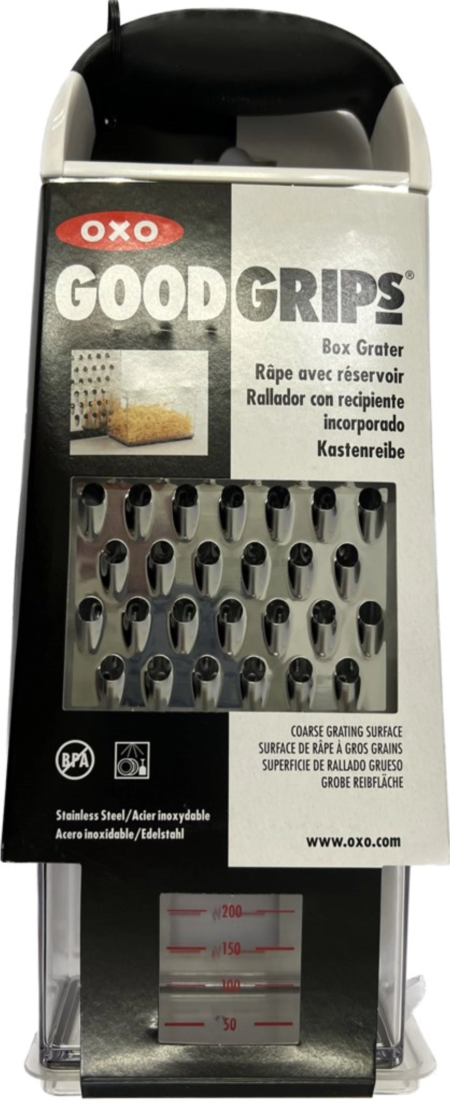 Vielseitige 4-seitige Reibe von OXO mit praktischem Auffangbehälter, perfekt zum mühelosen Reiben und Zerkleinern von Obst und Gemüse.