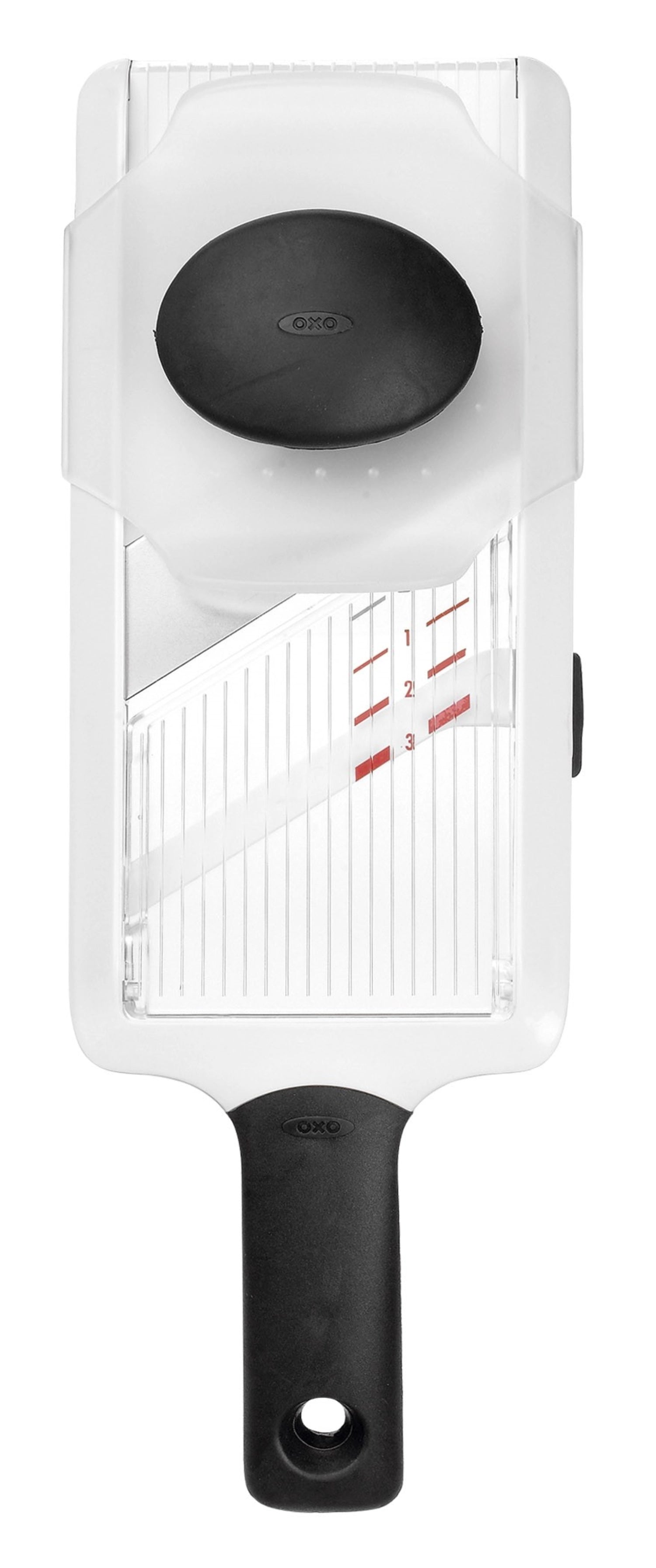 Hochwertige Mandoline von OXO, 29x9.5 cm, ideal für präzises Schneiden und Raffeln von frischen Zutaten, robustes Design für einfache Handhabung.