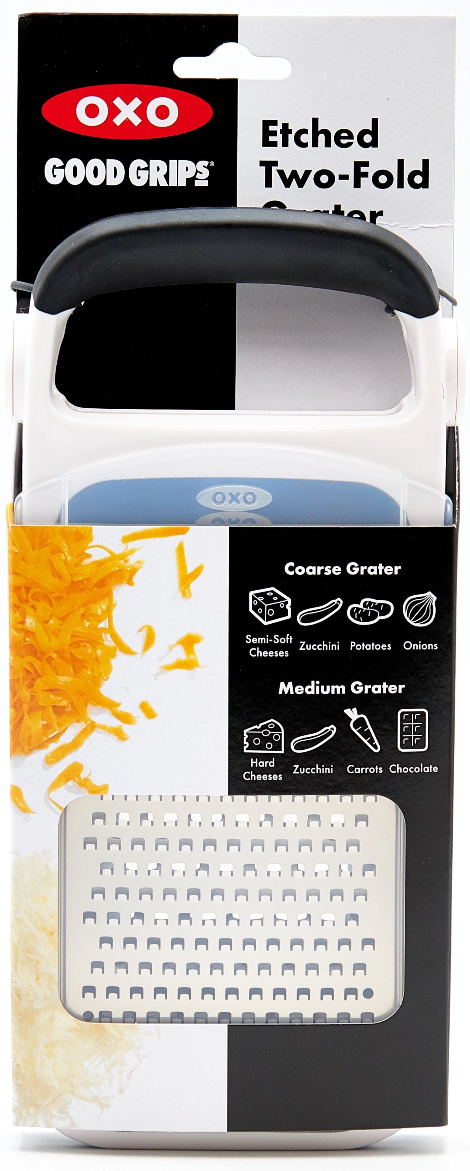 OXO Doppelreibe mit zwei verschiedenen Reibeflächen, ideal für Käse und Gemüse, ergonomisch gestaltet für müheloses Reiben.